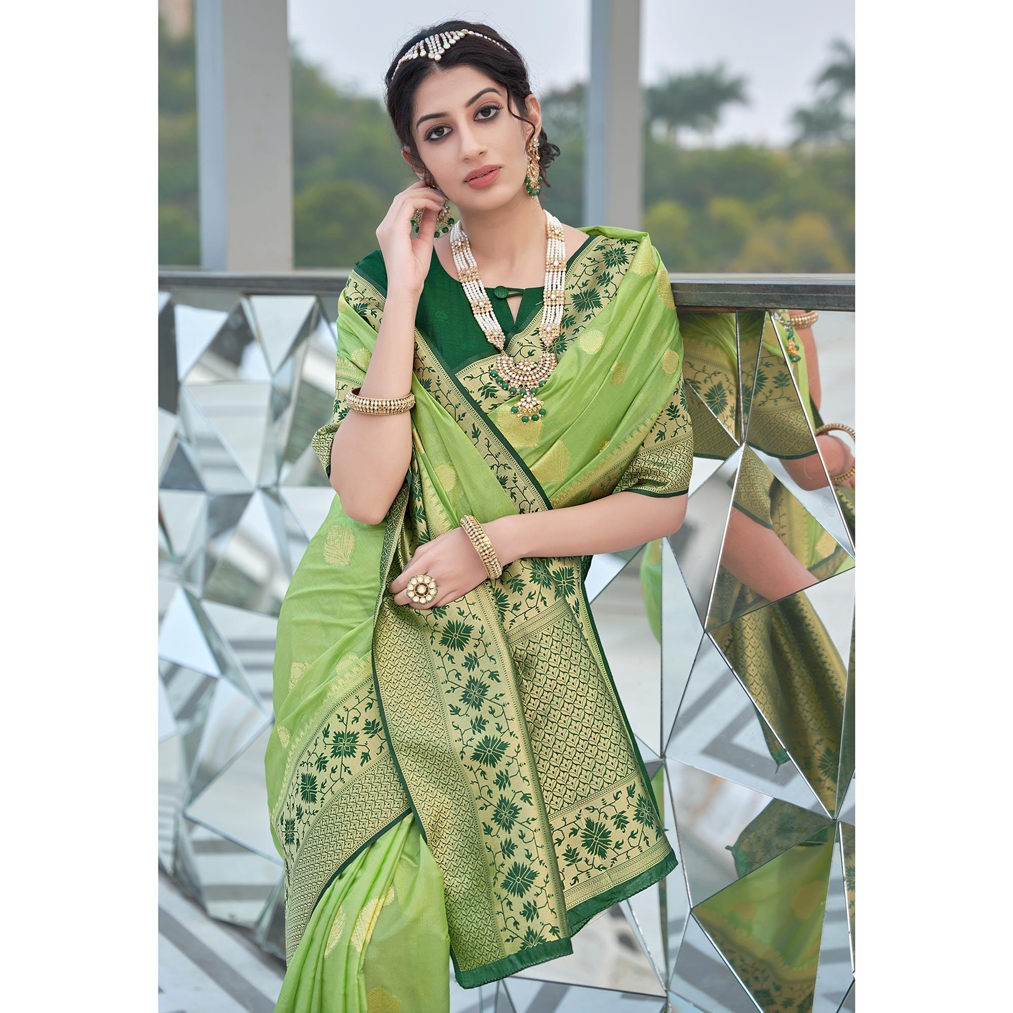 Green Festive Wear Woven Silk Organza Saree - Peachmode