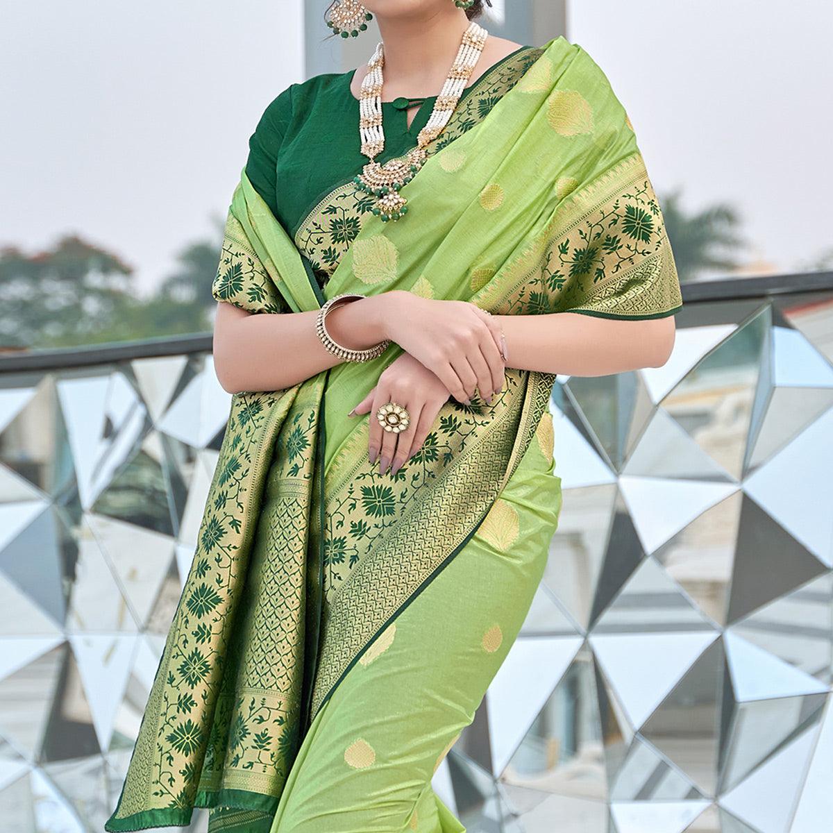 Green Festive Wear Woven Silk Organza Saree - Peachmode