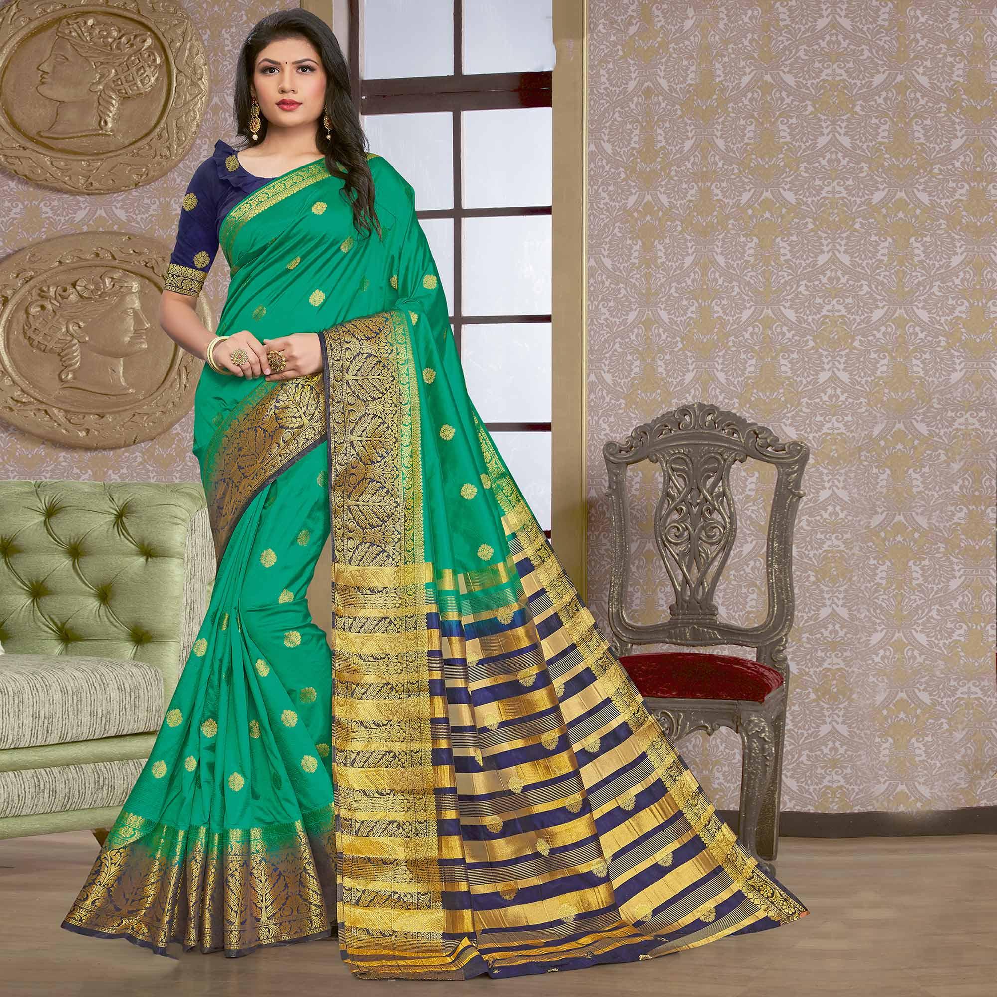Green Festive Wear Woven Silk Saree - Peachmode