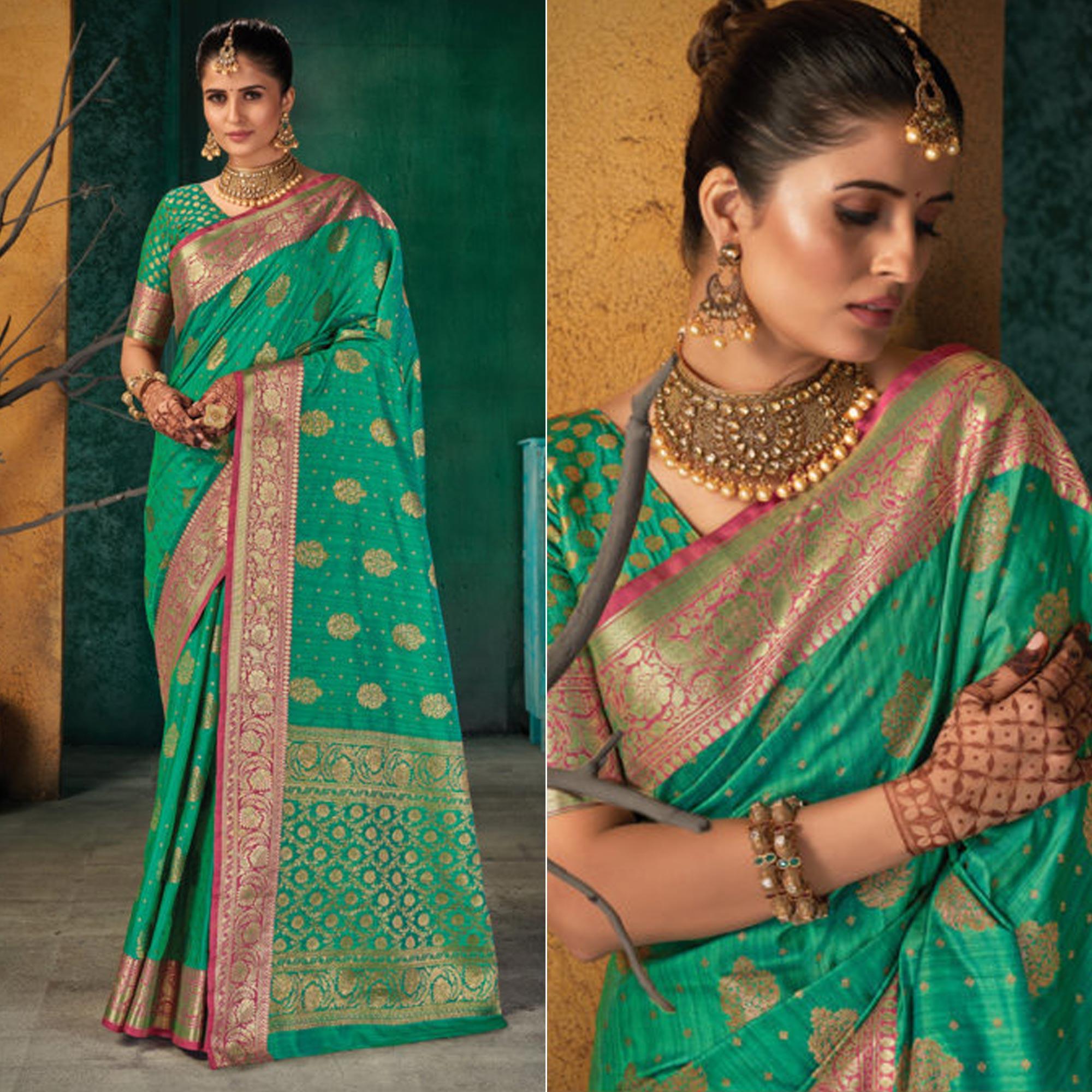Green Festive Wear Woven Silk Saree - Peachmode