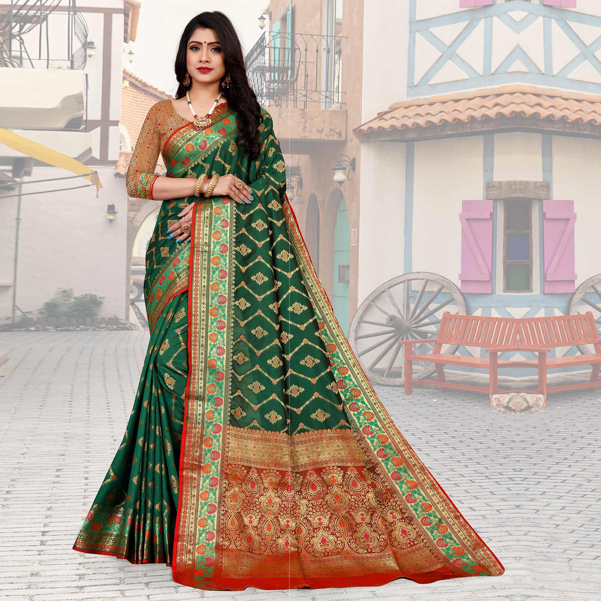 Green Festive Wear Woven Silk Saree - Peachmode