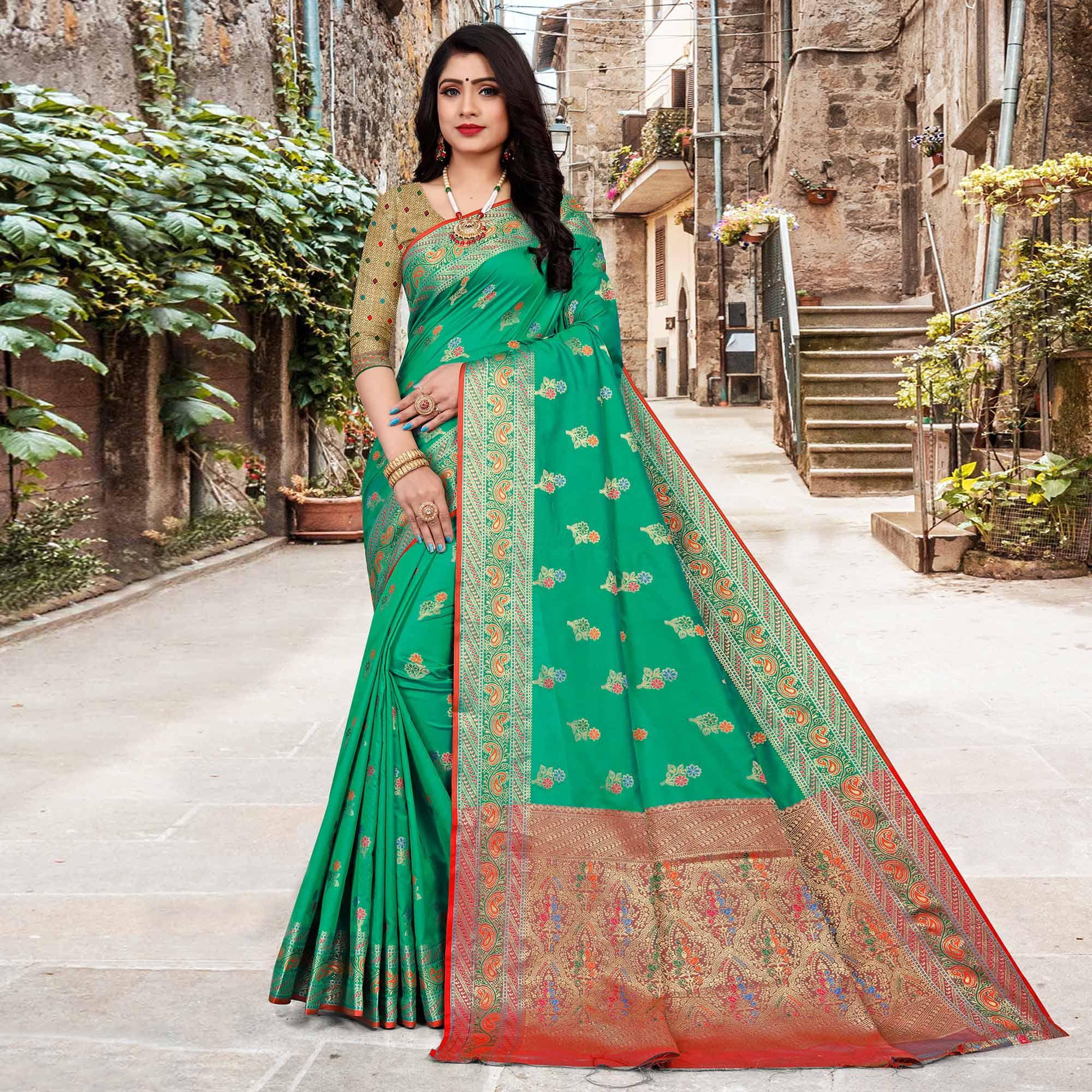 Green Festive Wear Woven Silk Saree - Peachmode