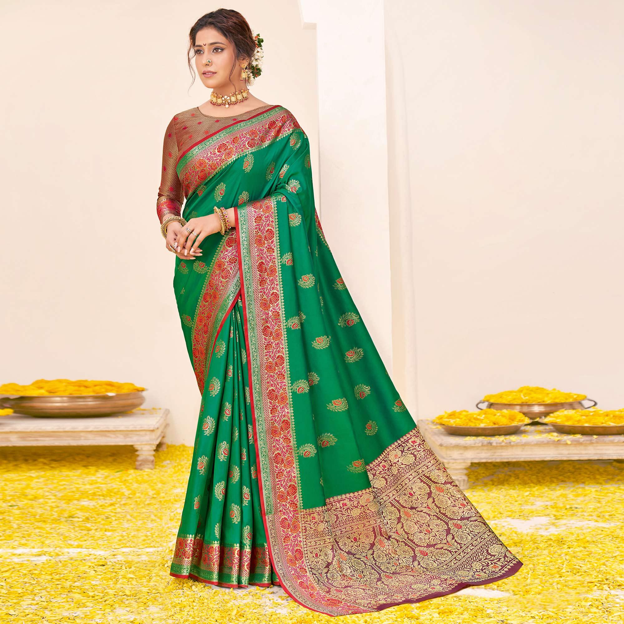Green Festive Wear Woven Silk Saree - Peachmode