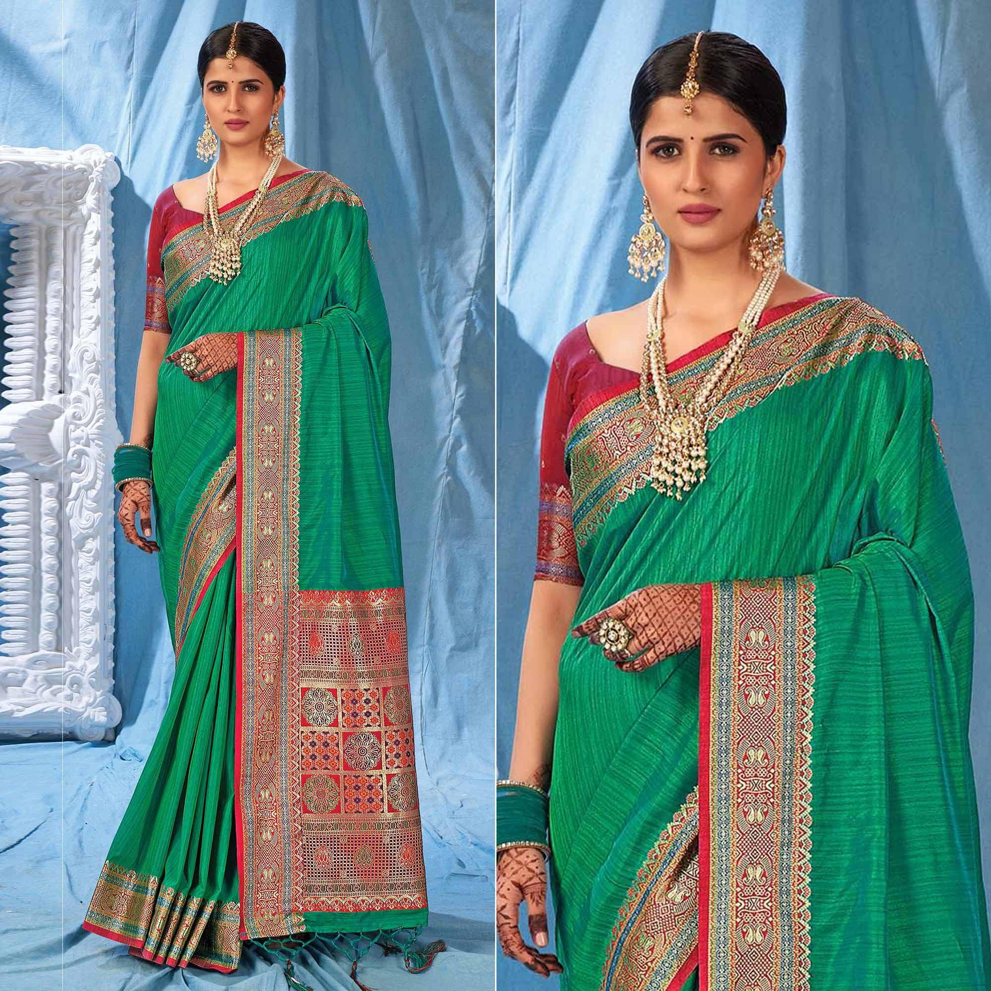 Green Festive Wear Woven Silk Saree - Peachmode