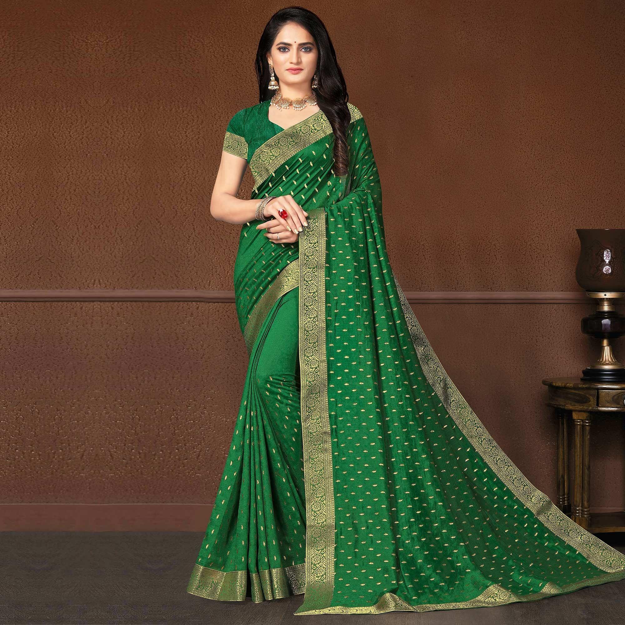 Green Festive Wear Woven Silk Saree - Peachmode