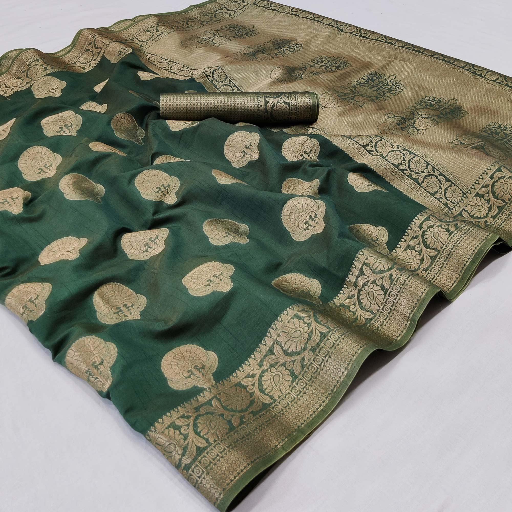 Green Festive Wear Woven Silk Saree - Peachmode