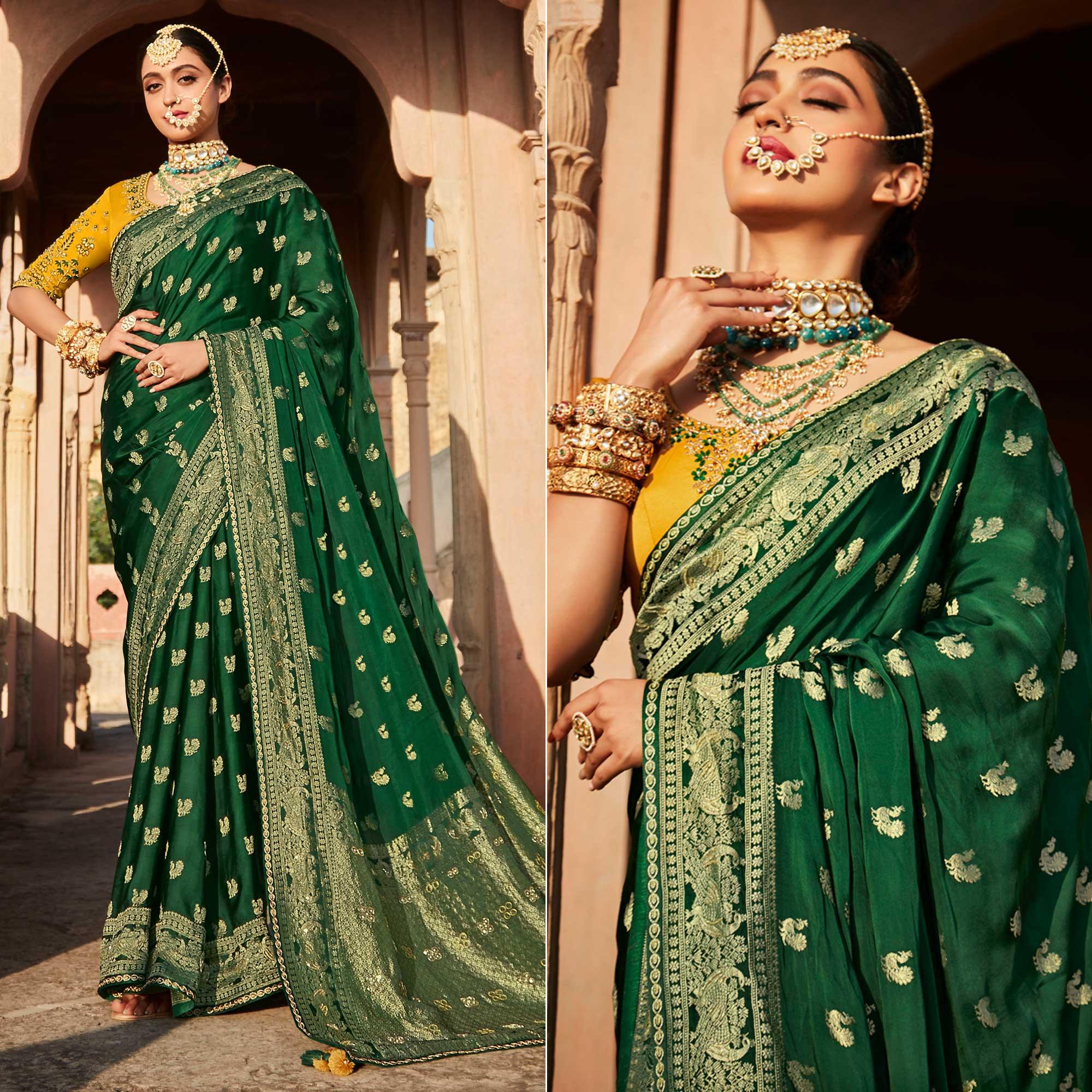 Green Festive Wear Woven Silk Saree - Peachmode