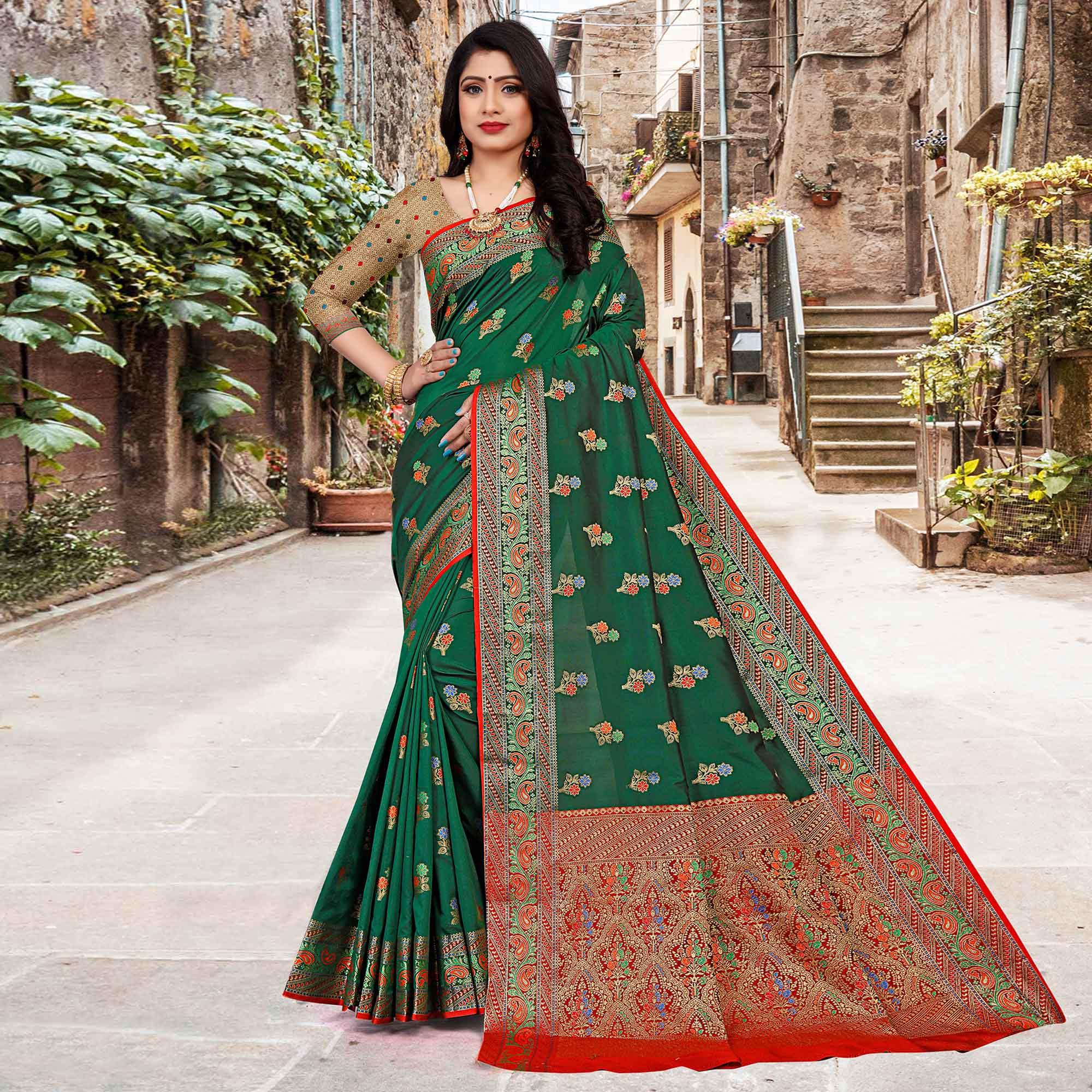 Green Festive Wear Woven Silk Saree - Peachmode
