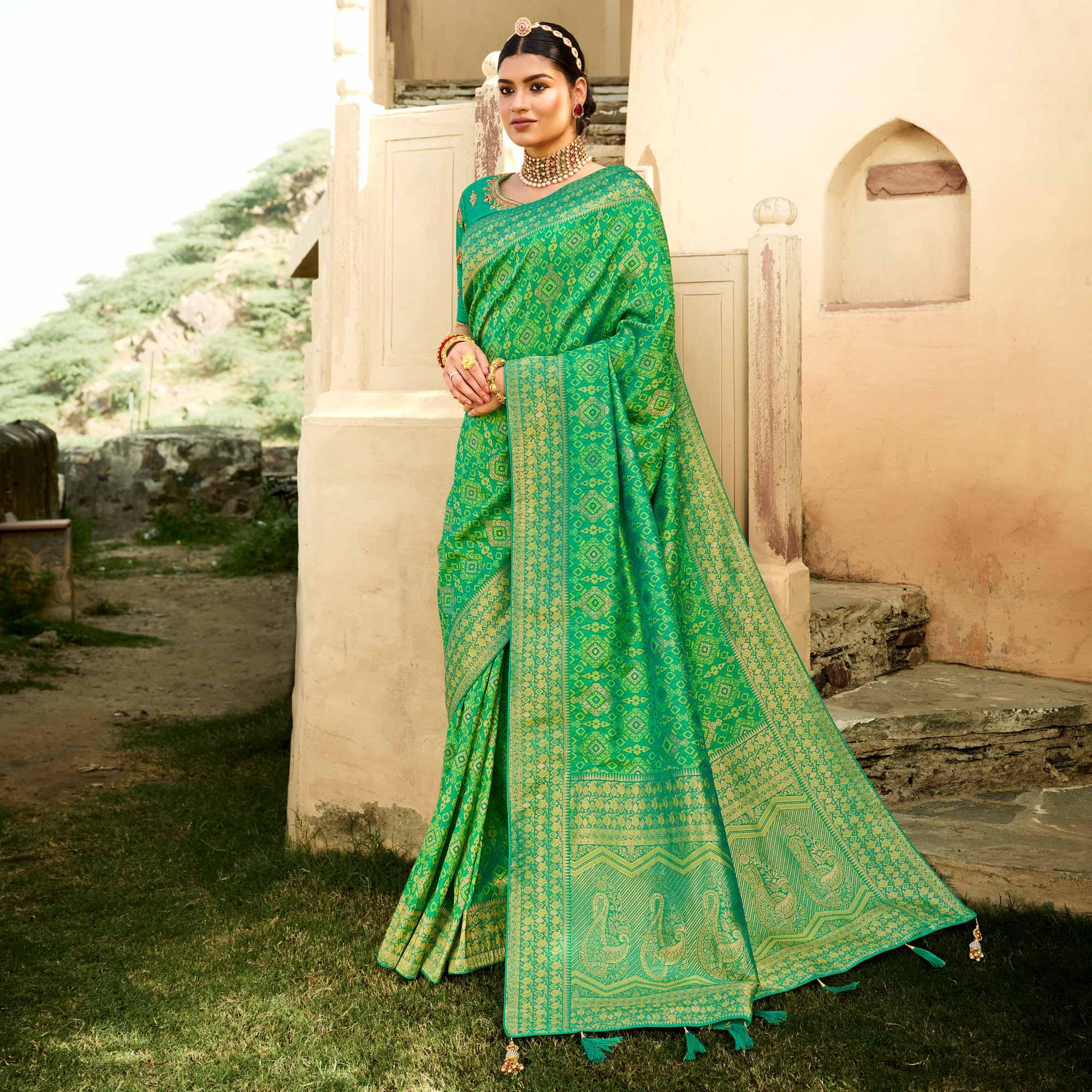 Green Festive Wear Woven Silk Saree - Peachmode