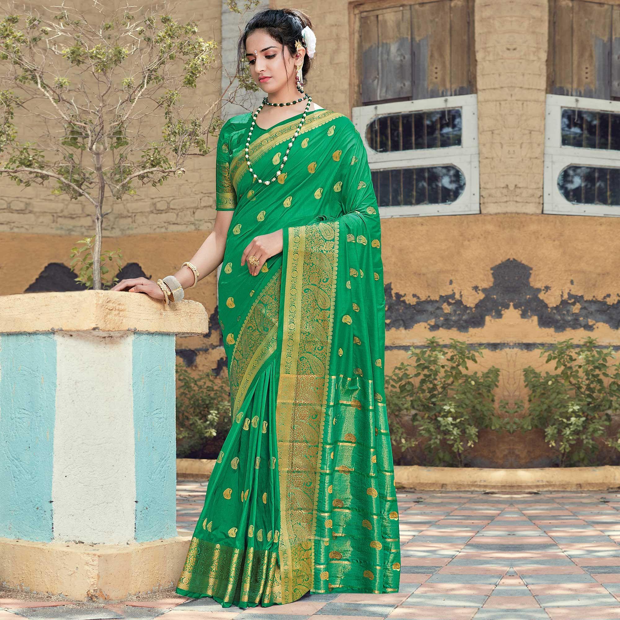 Green Festive Wear Woven Silk Saree - Peachmode
