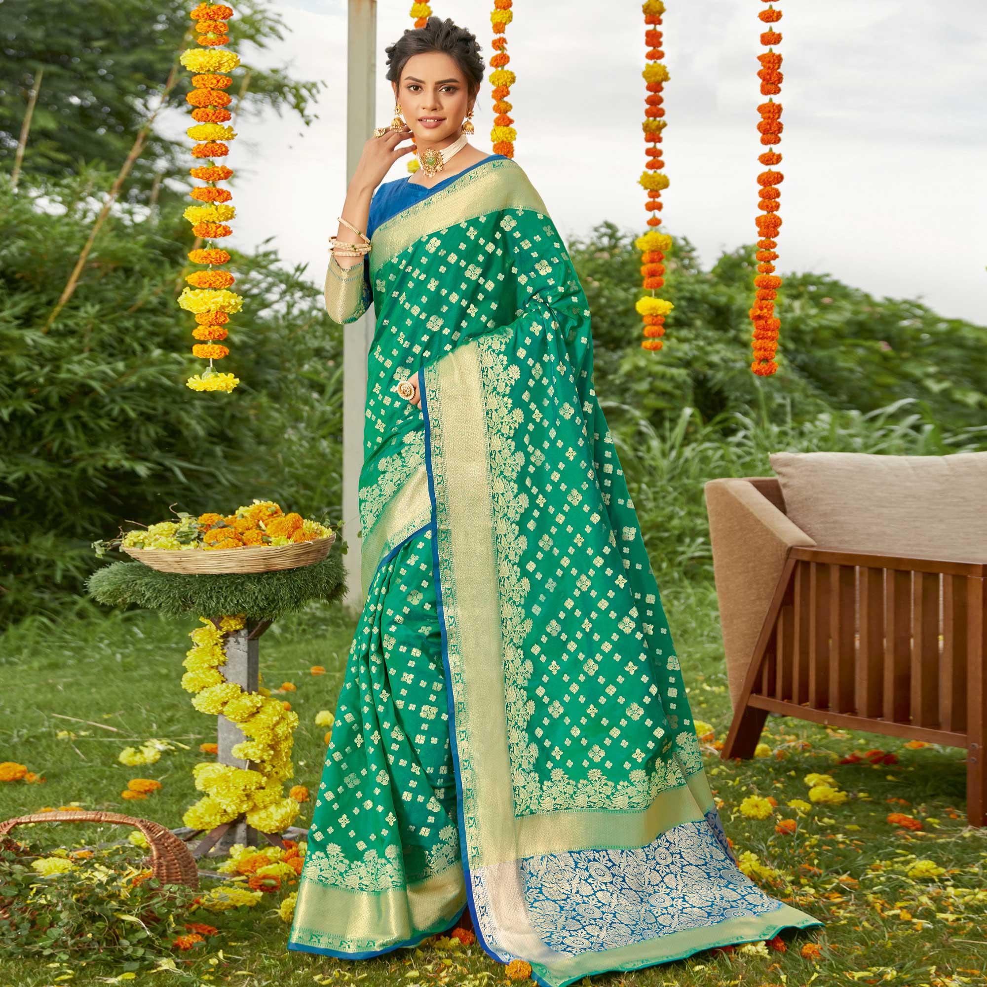 Green Festive Wear Woven Silk Saree - Peachmode