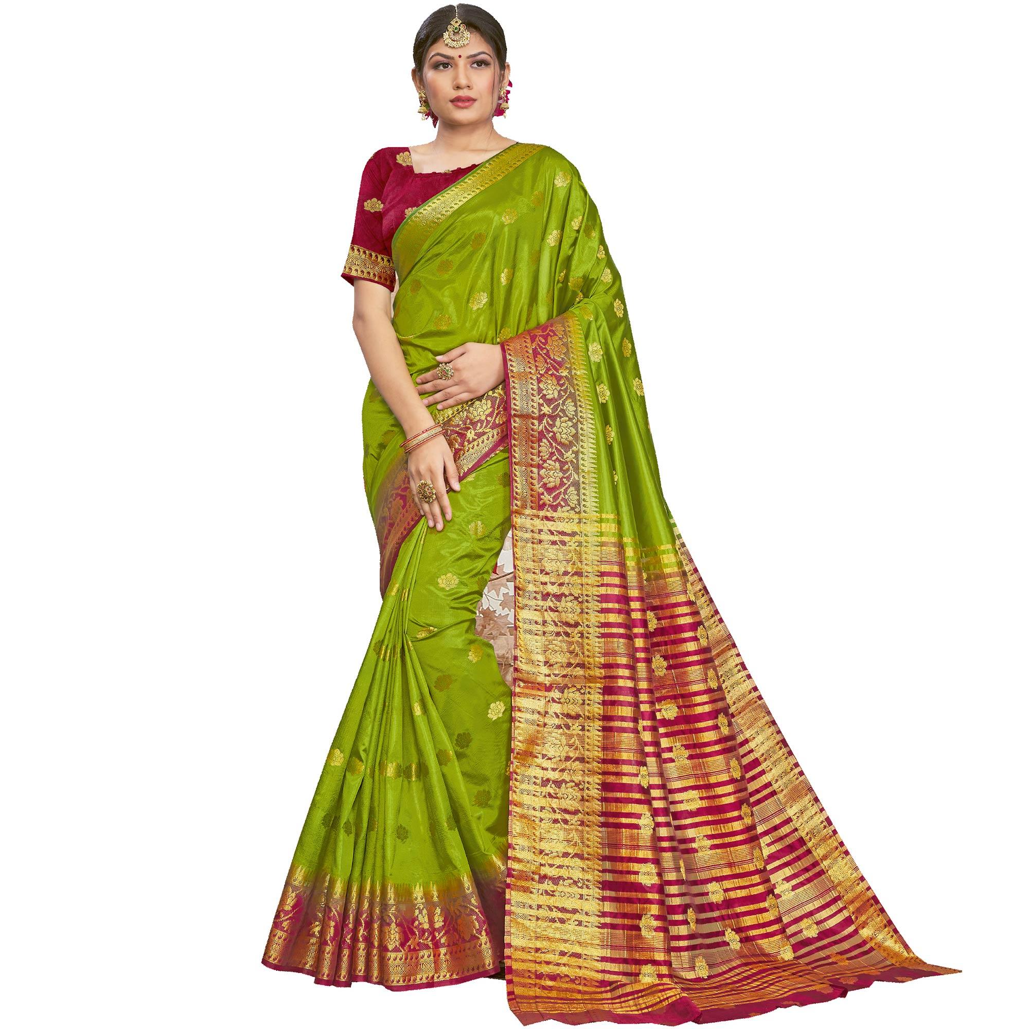 Green Festive Wear Woven Silk Saree - Peachmode