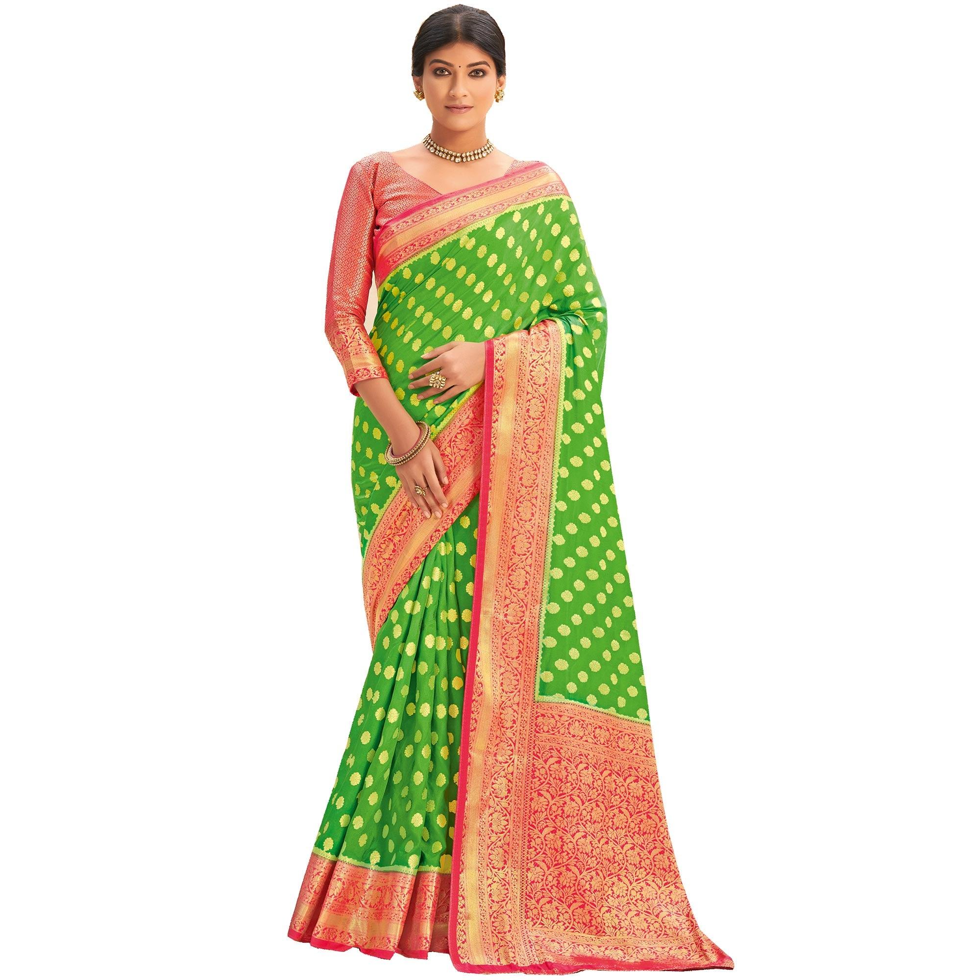 Green Festive Wear Woven Silk Saree - Peachmode