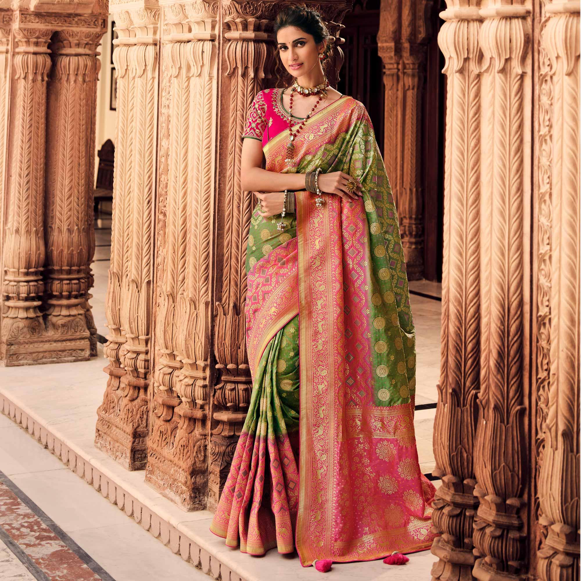 Green Festive Wear Woven Silk Saree - Peachmode
