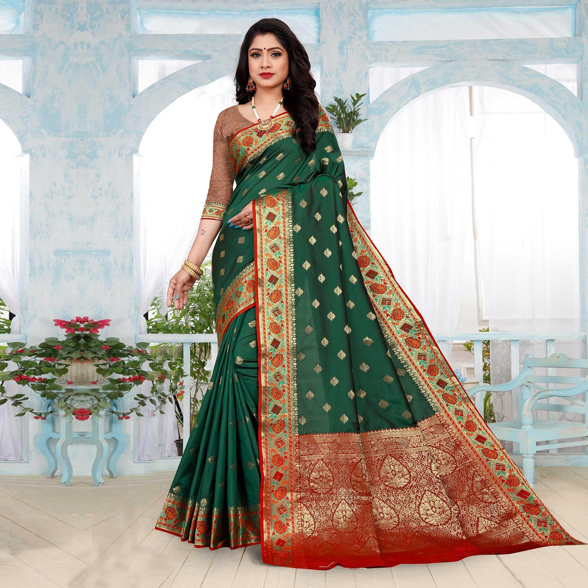Green Festive Wear Woven Silk Saree - Peachmode
