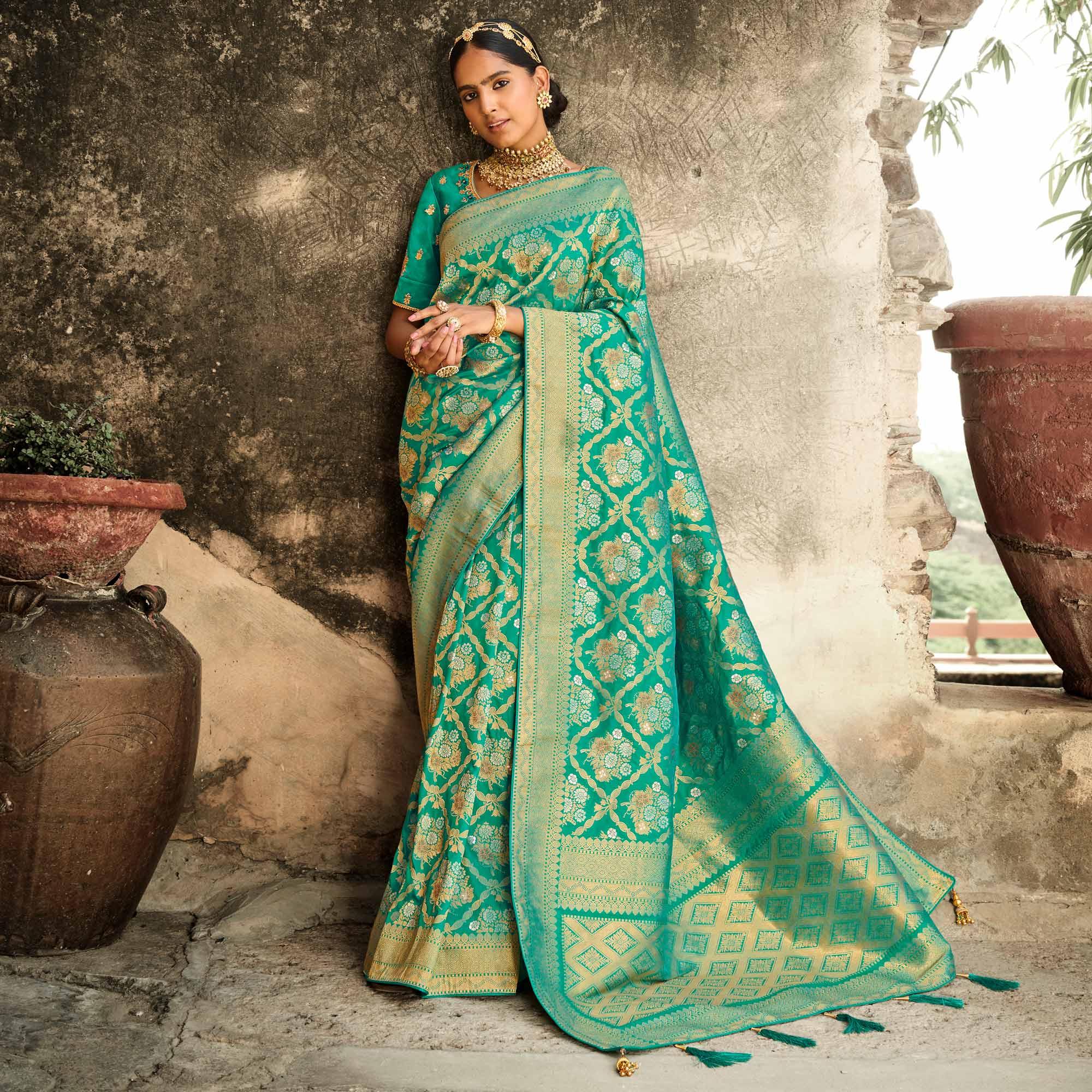 Green Festive Wear Woven Silk Saree - Peachmode