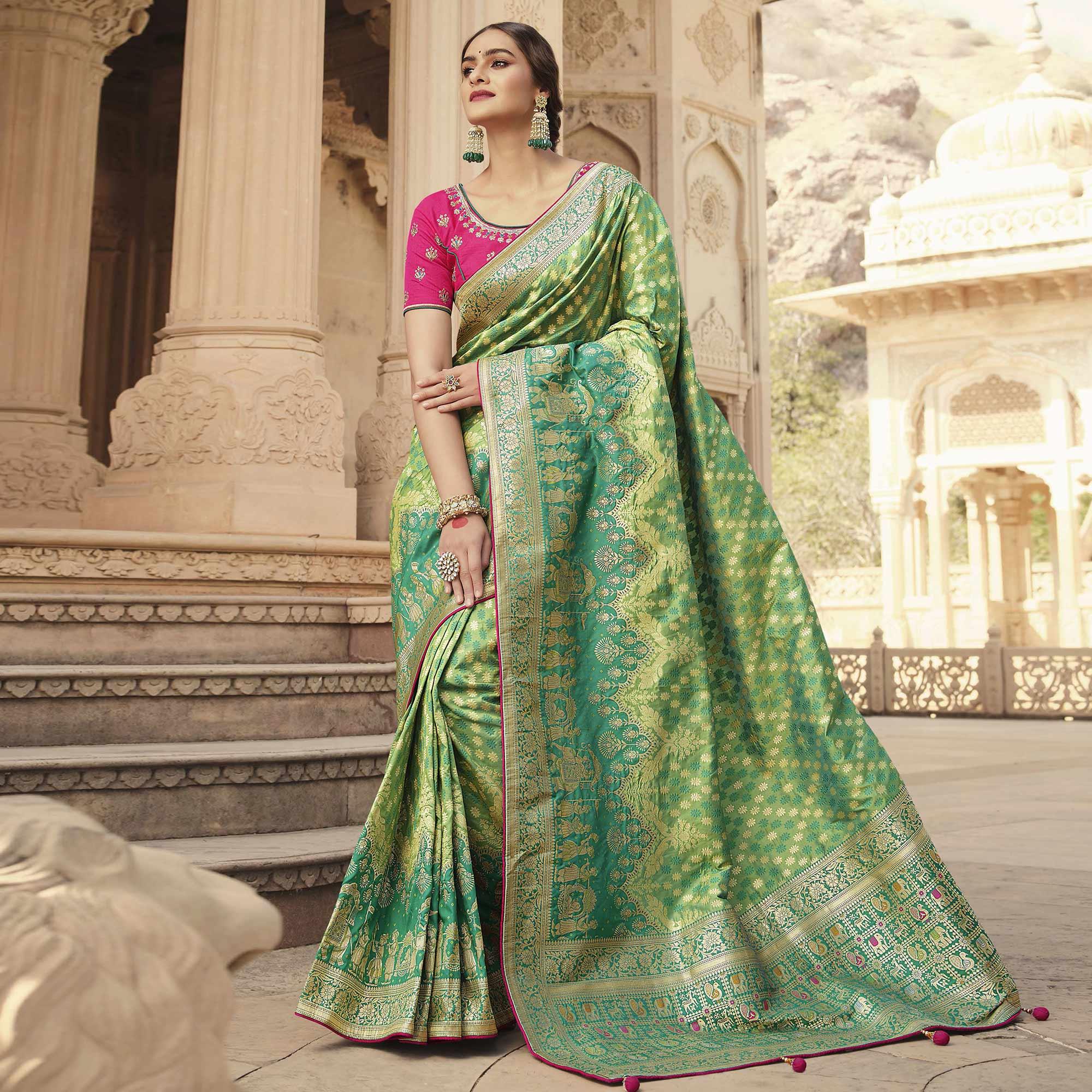 Green Festive Wear Woven Silk Saree - Peachmode