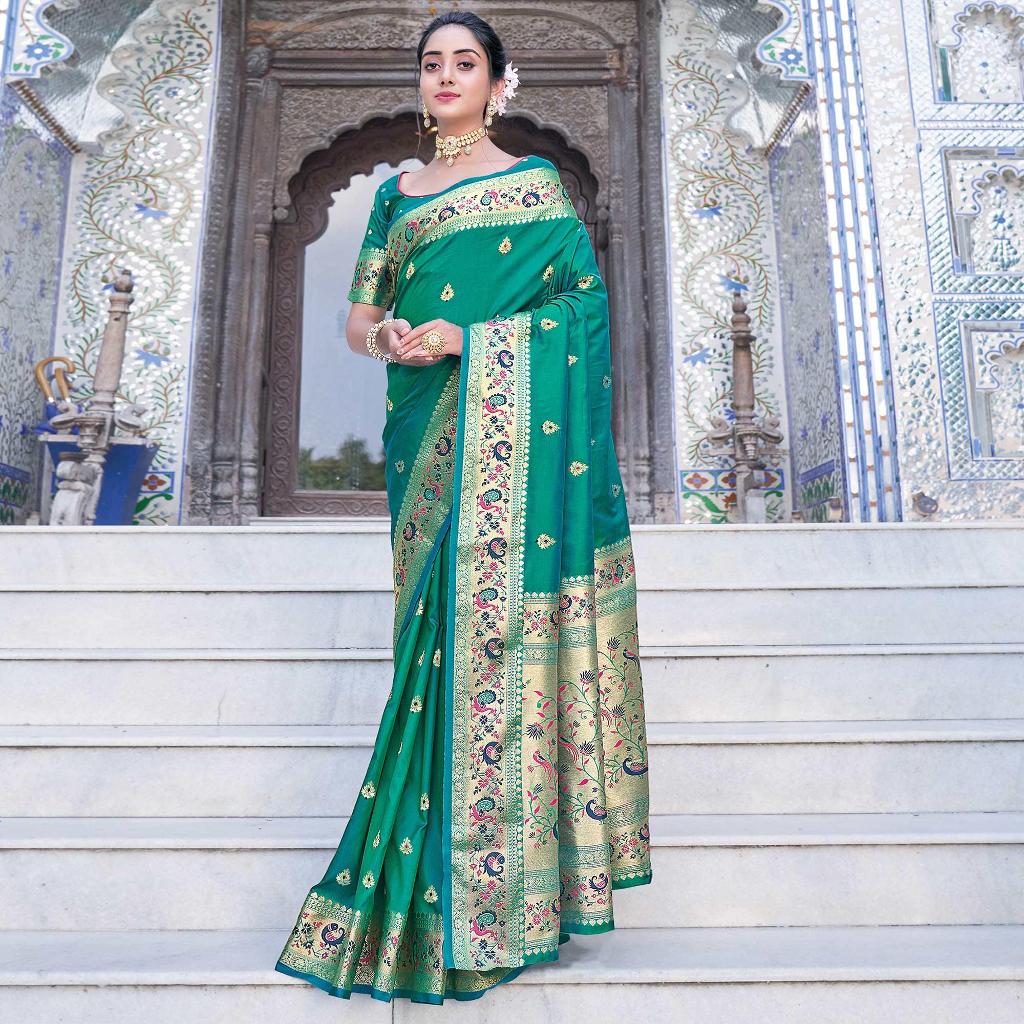 Green Festive Wear Woven Silk Saree - Peachmode