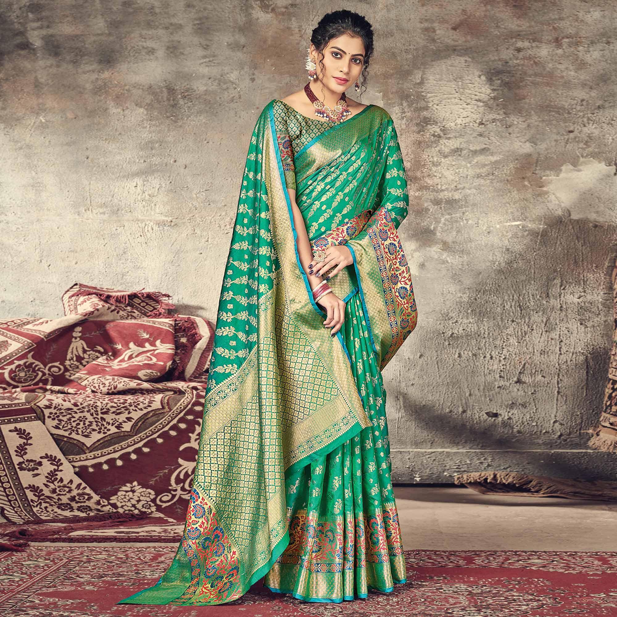 Green Festive Wear Woven Silk Saree - Peachmode