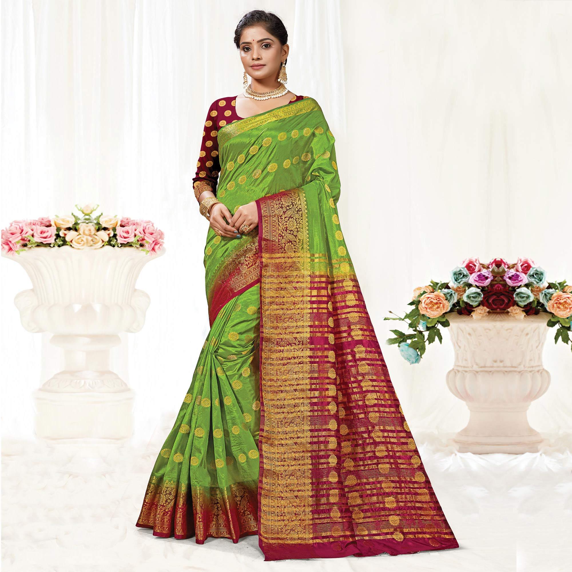 Green Festive Wear Woven Silk Saree - Peachmode