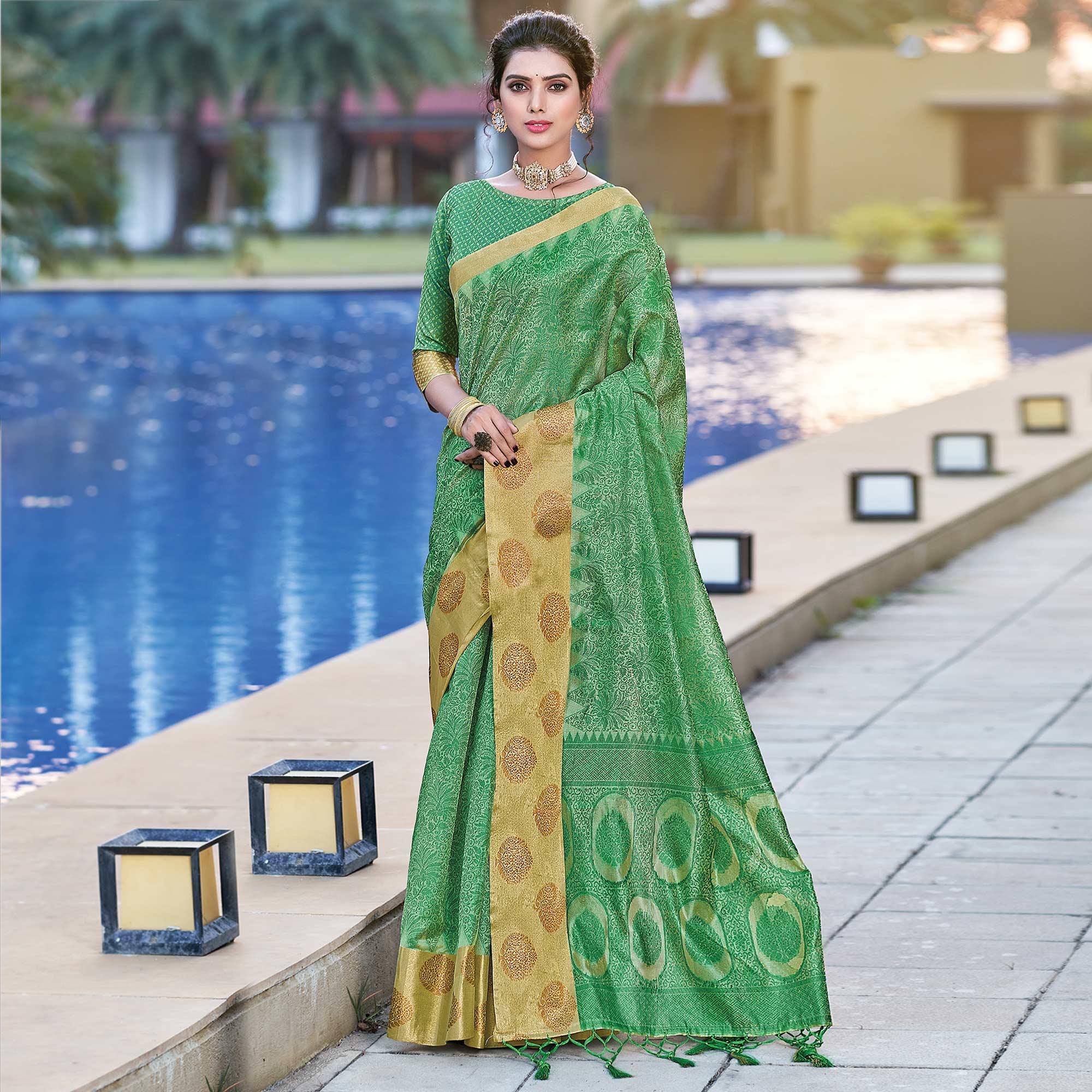 Green Festive Wear Woven Silk Saree - Peachmode