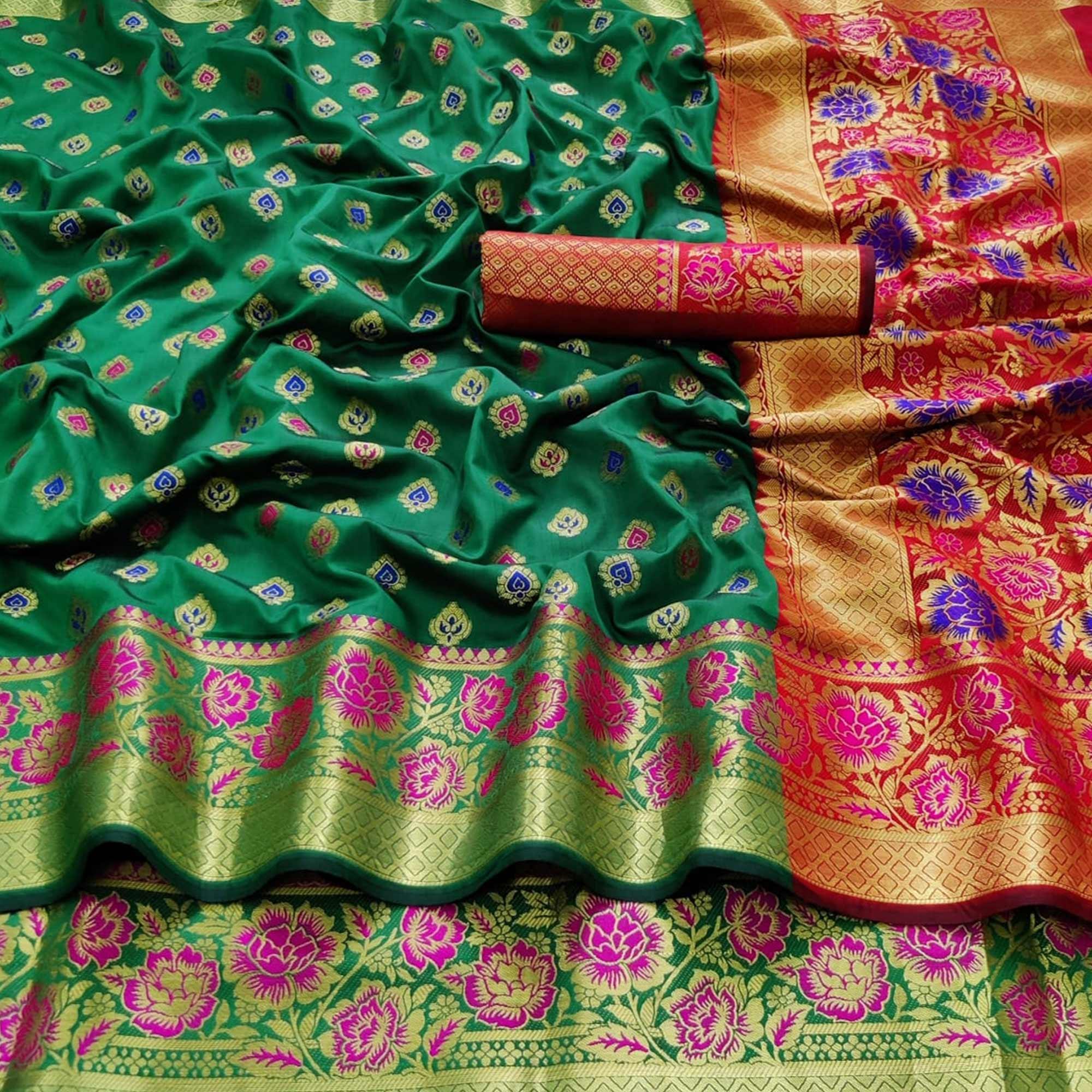 Green Festive Wear Woven Silk Saree - Peachmode