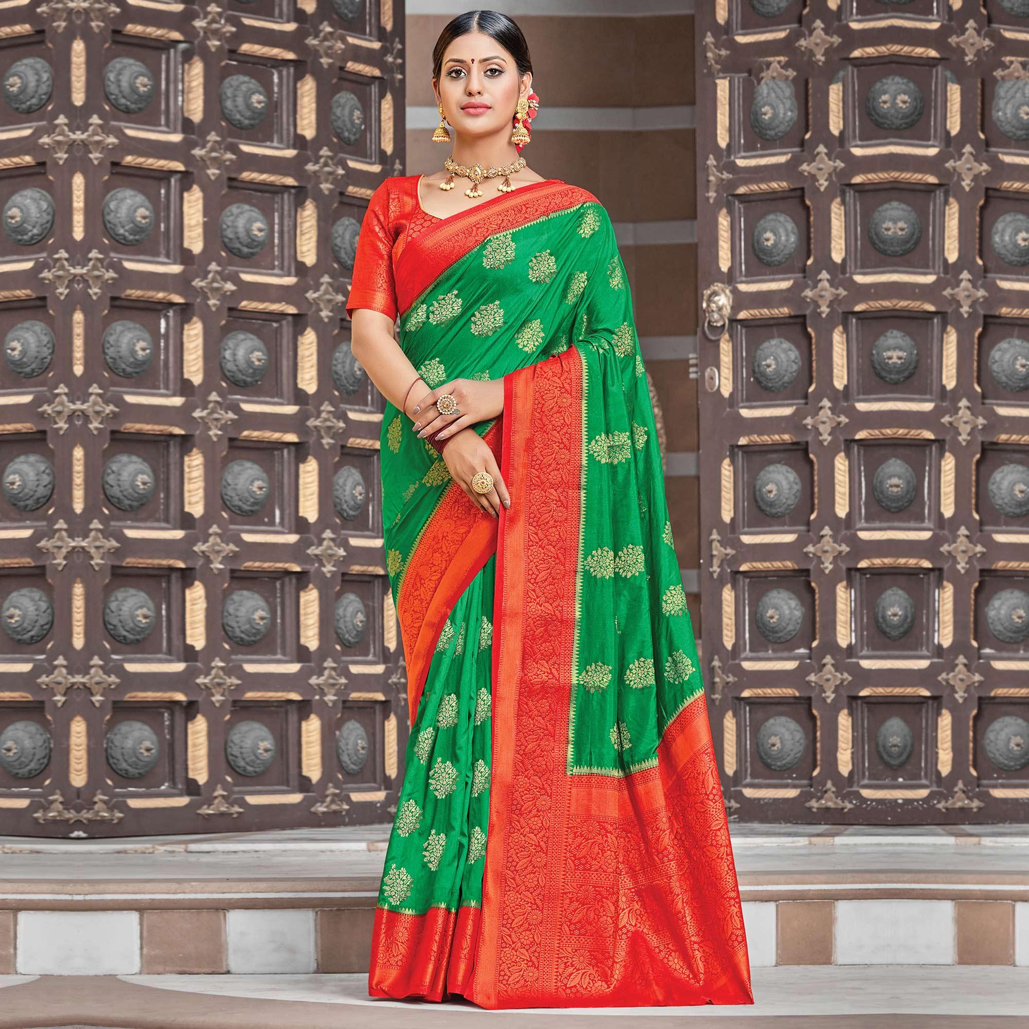 Green Festive Wear Woven Silk Saree - Peachmode