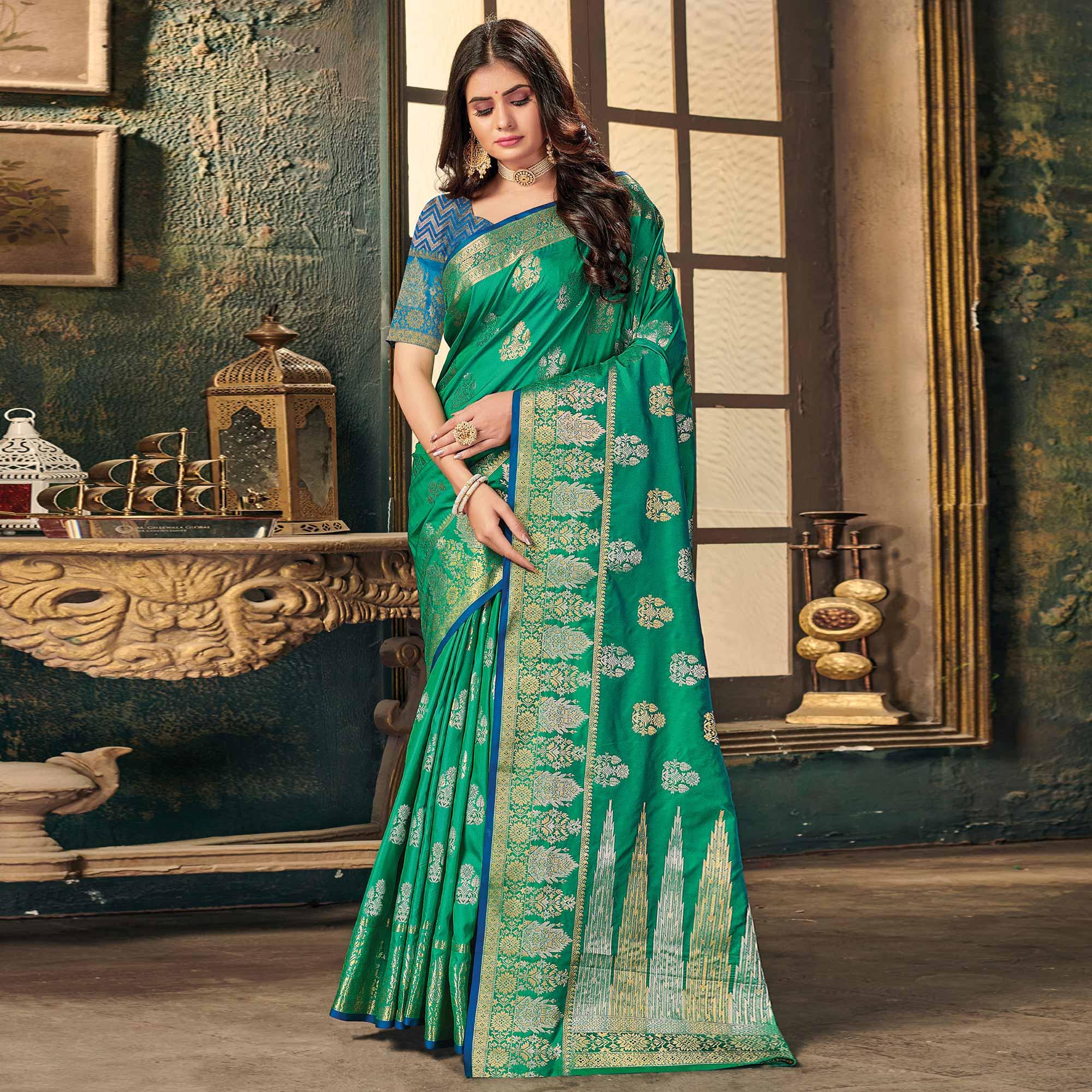 Green Festive Wear Woven Silk Saree - Peachmode
