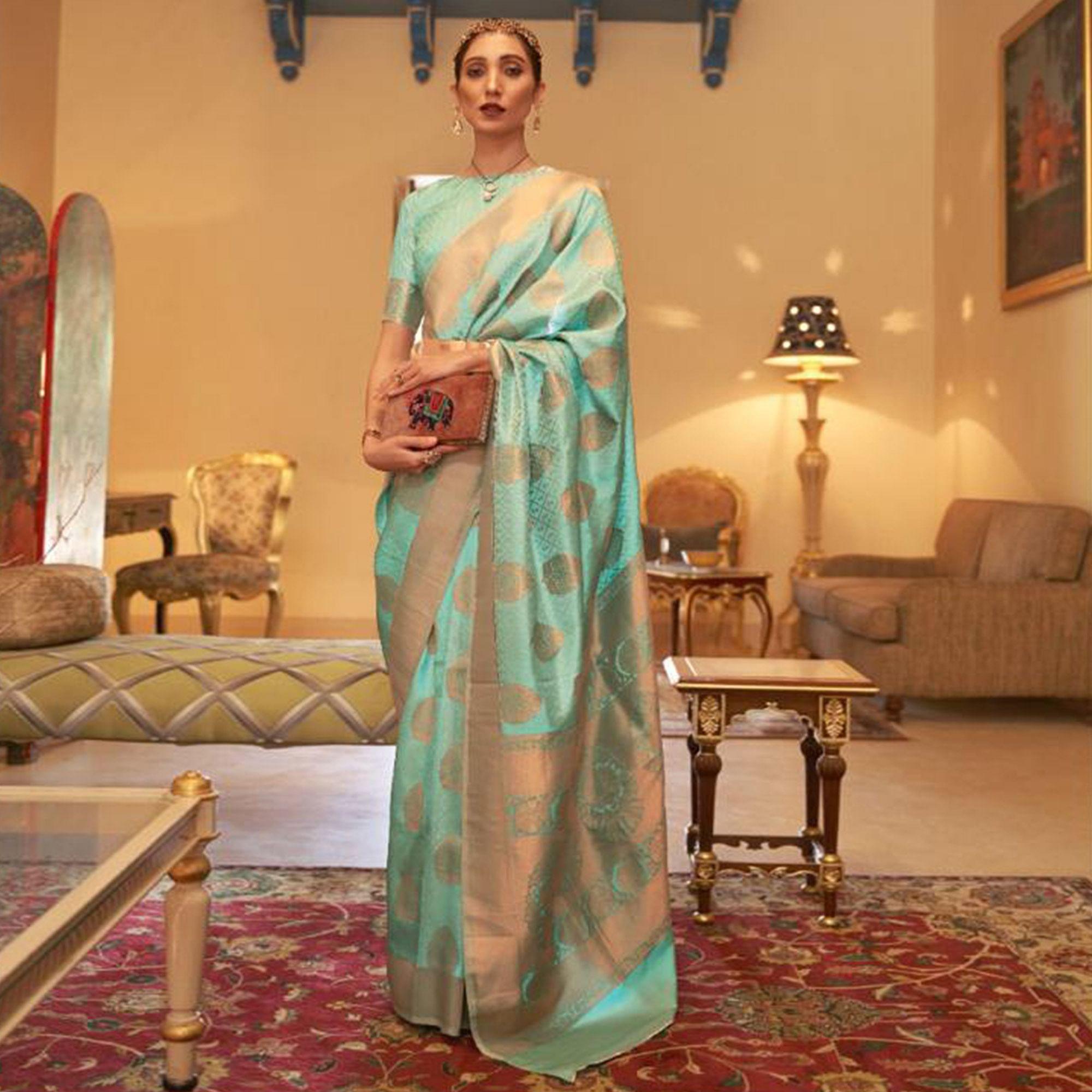 Green Festive Wear Woven Silk Saree - Peachmode