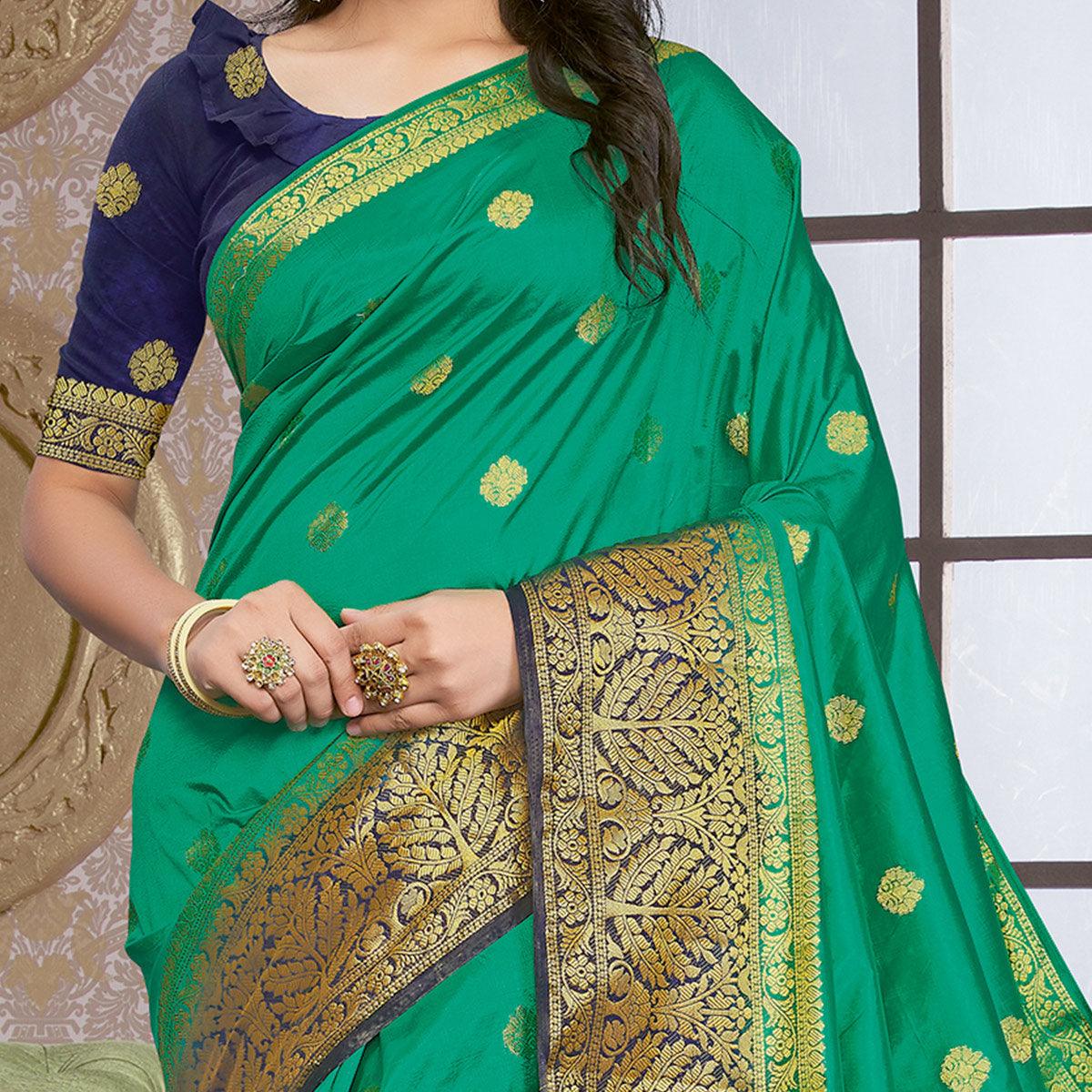 Green Festive Wear Woven Silk Saree - Peachmode