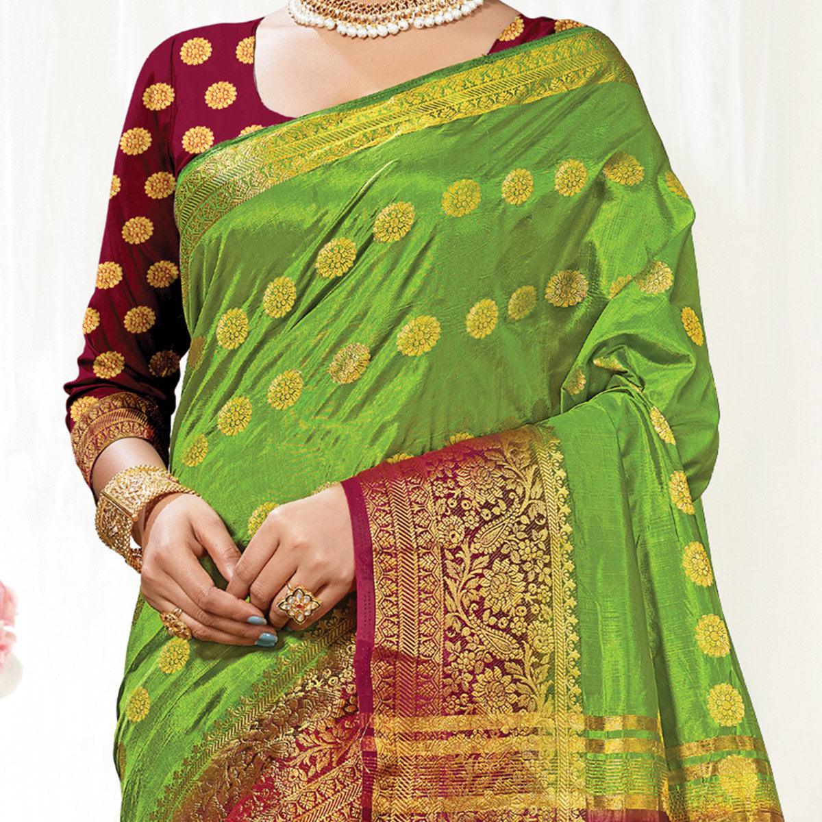 Green Festive Wear Woven Silk Saree - Peachmode