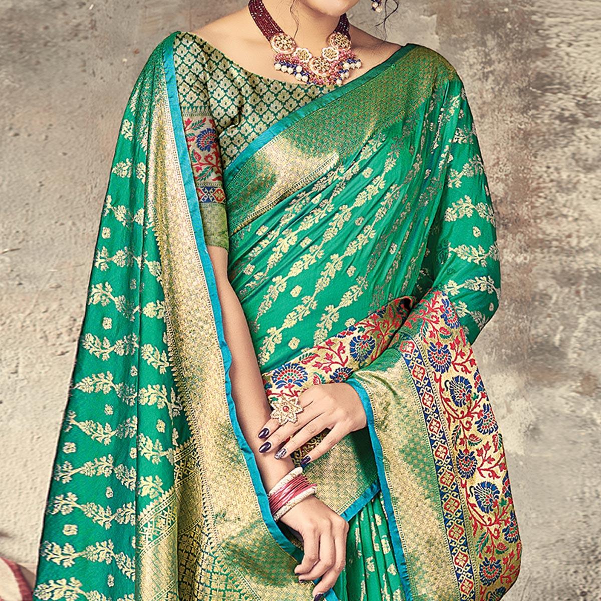 Green Festive Wear Woven Silk Saree - Peachmode