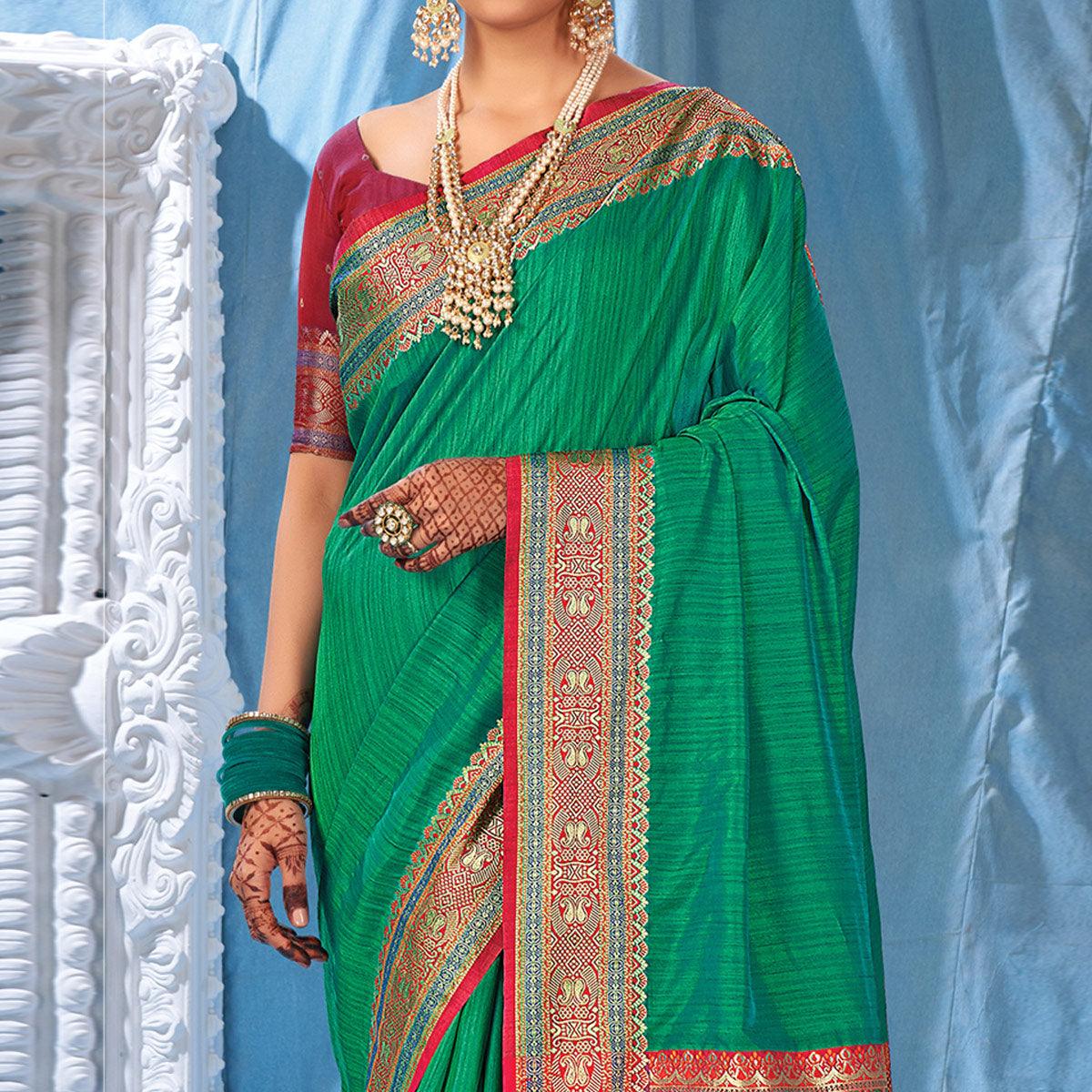 Green Festive Wear Woven Silk Saree - Peachmode