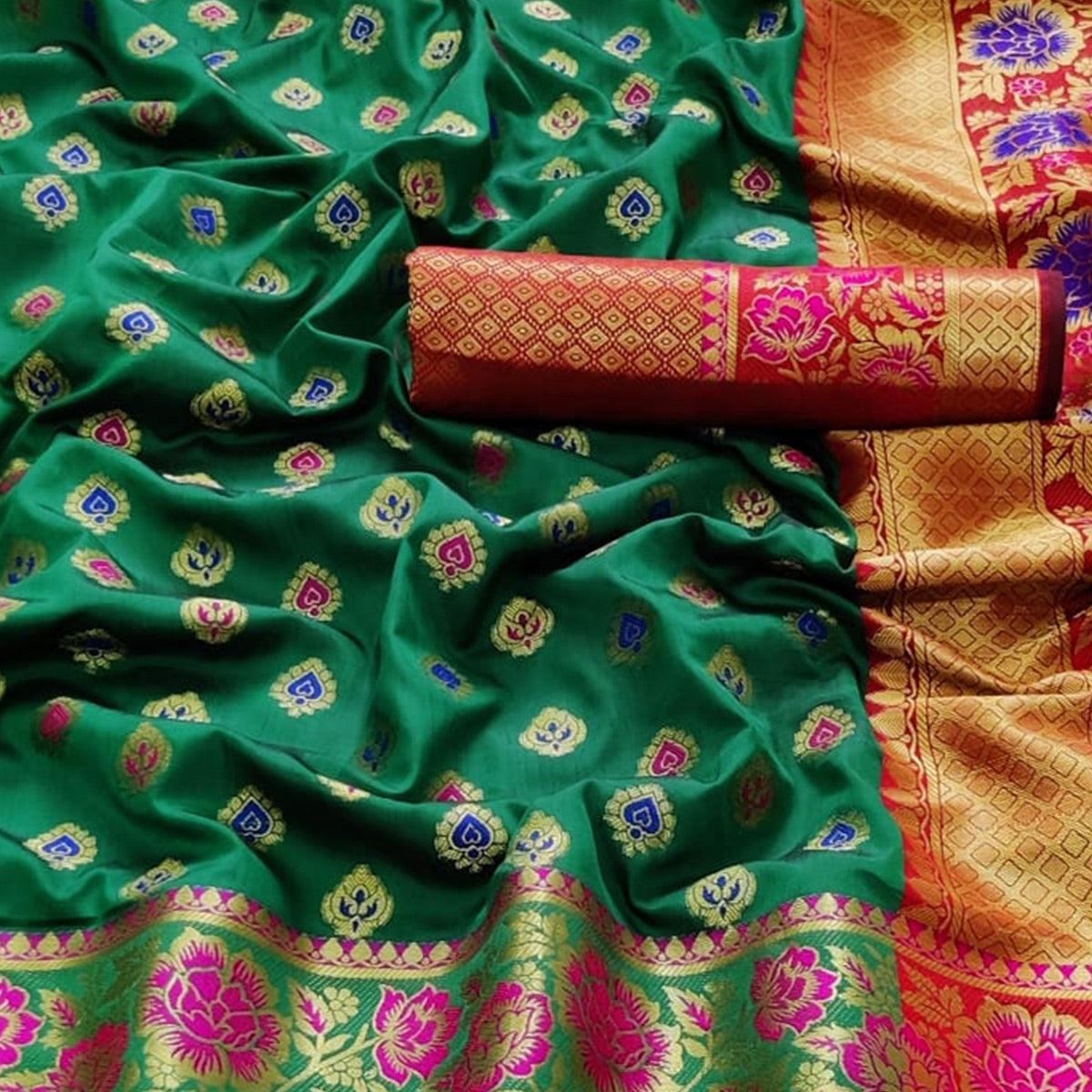 Green Festive Wear Woven Silk Saree - Peachmode