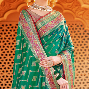 Green Festive Wear Woven Silk Saree - Peachmode