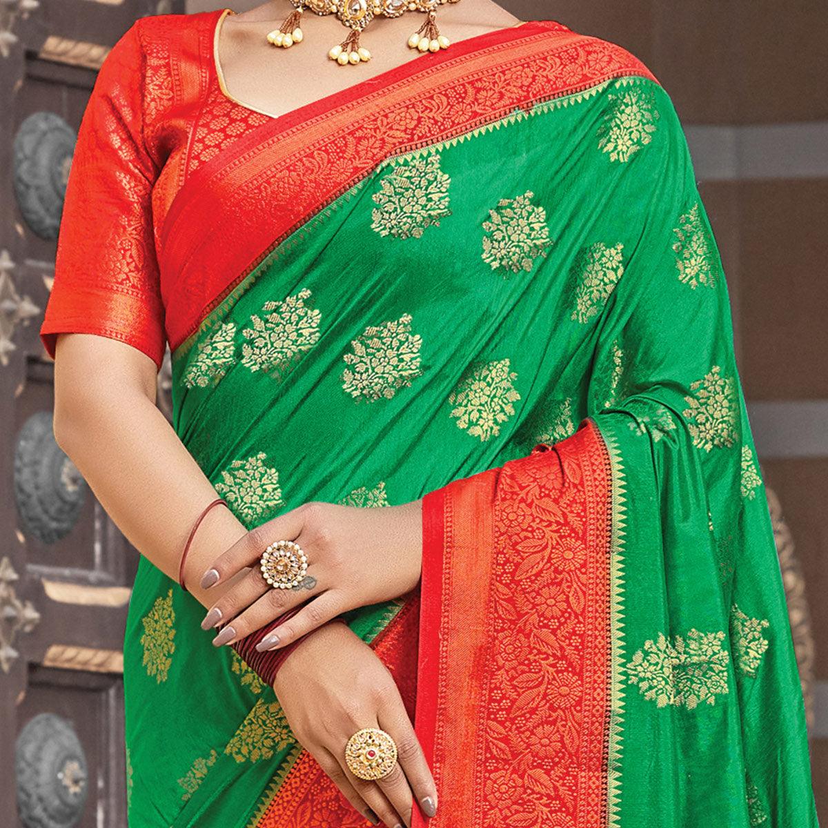 Green Festive Wear Woven Silk Saree - Peachmode