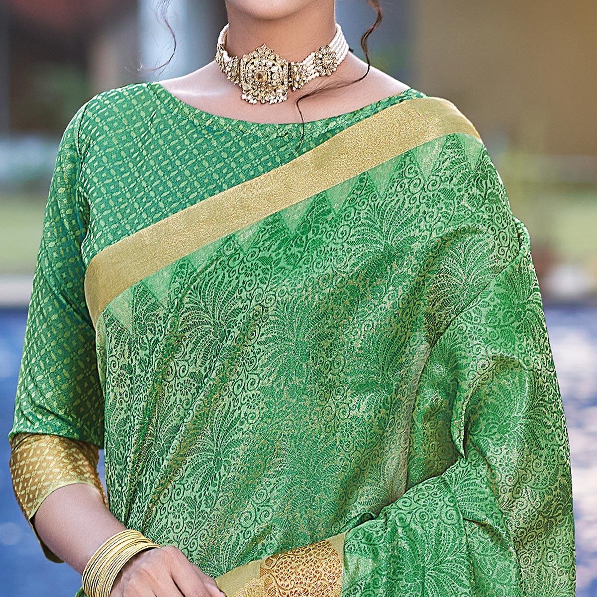 Green Festive Wear Woven Silk Saree - Peachmode