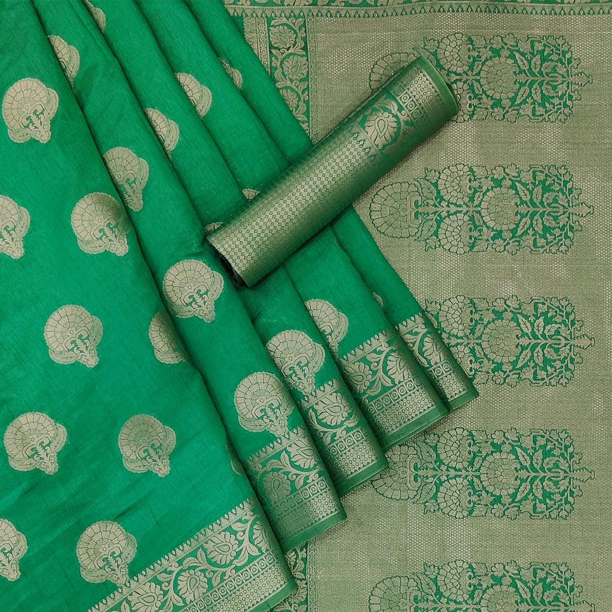 Green Festive Wear Woven Silk Saree - Peachmode