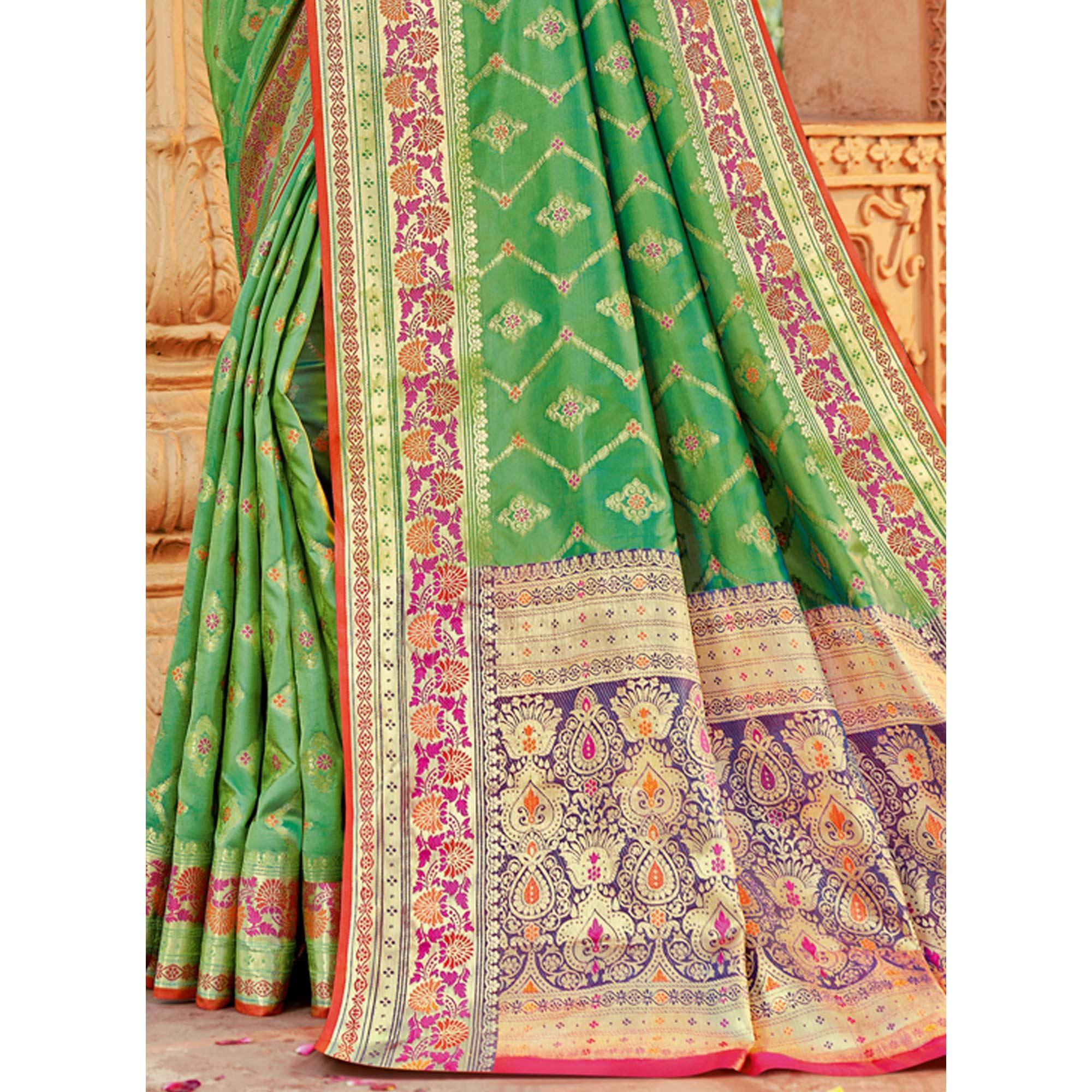 Green Festive Wear Woven Silk Saree - Peachmode