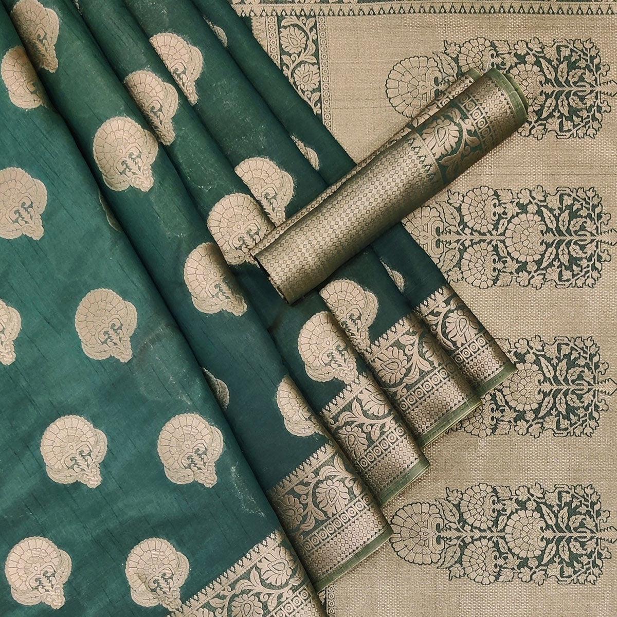 Green Festive Wear Woven Silk Saree - Peachmode