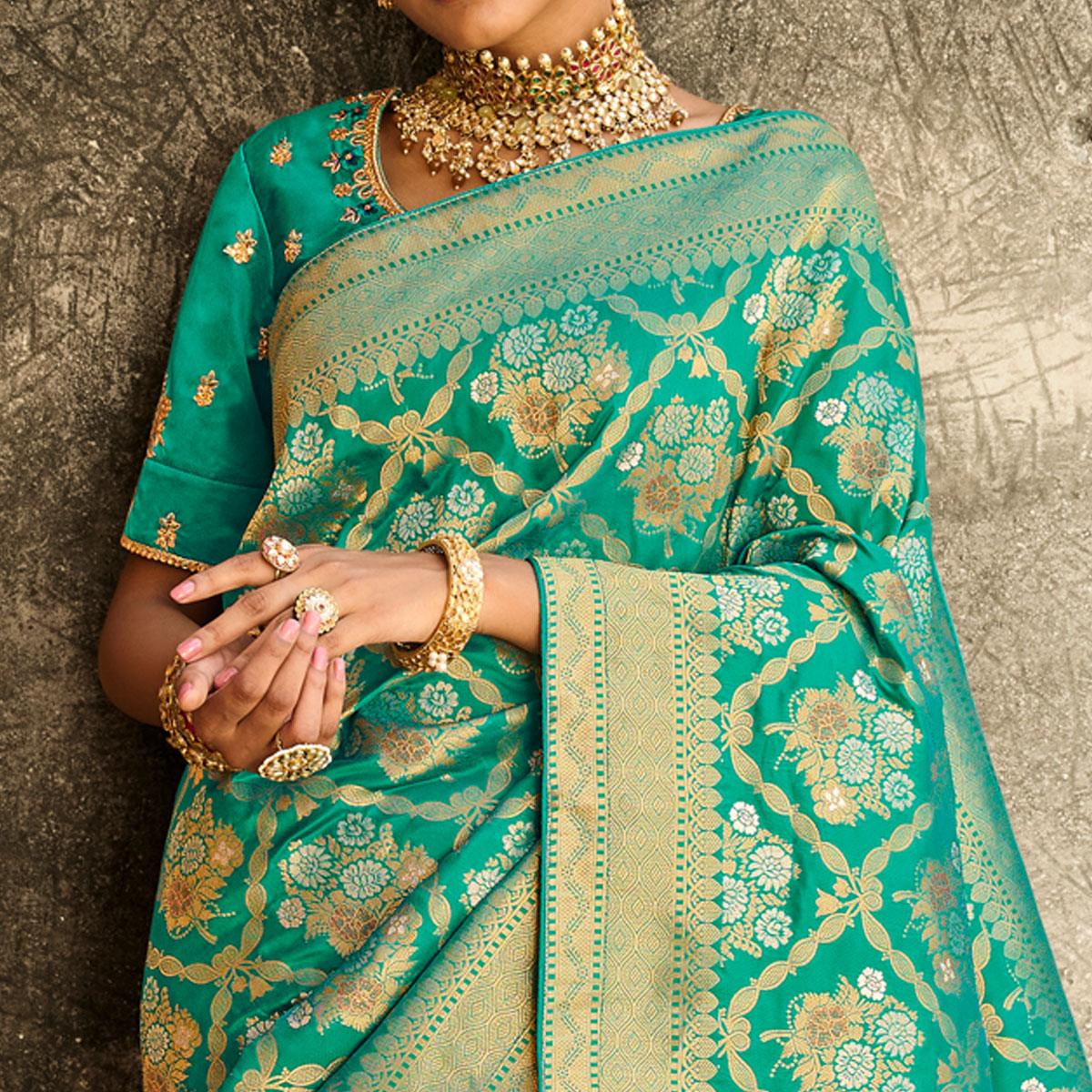 Green Festive Wear Woven Silk Saree - Peachmode