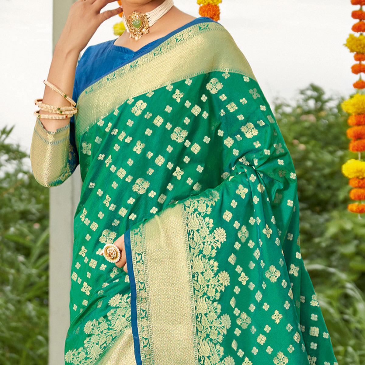 Green Festive Wear Woven Silk Saree - Peachmode