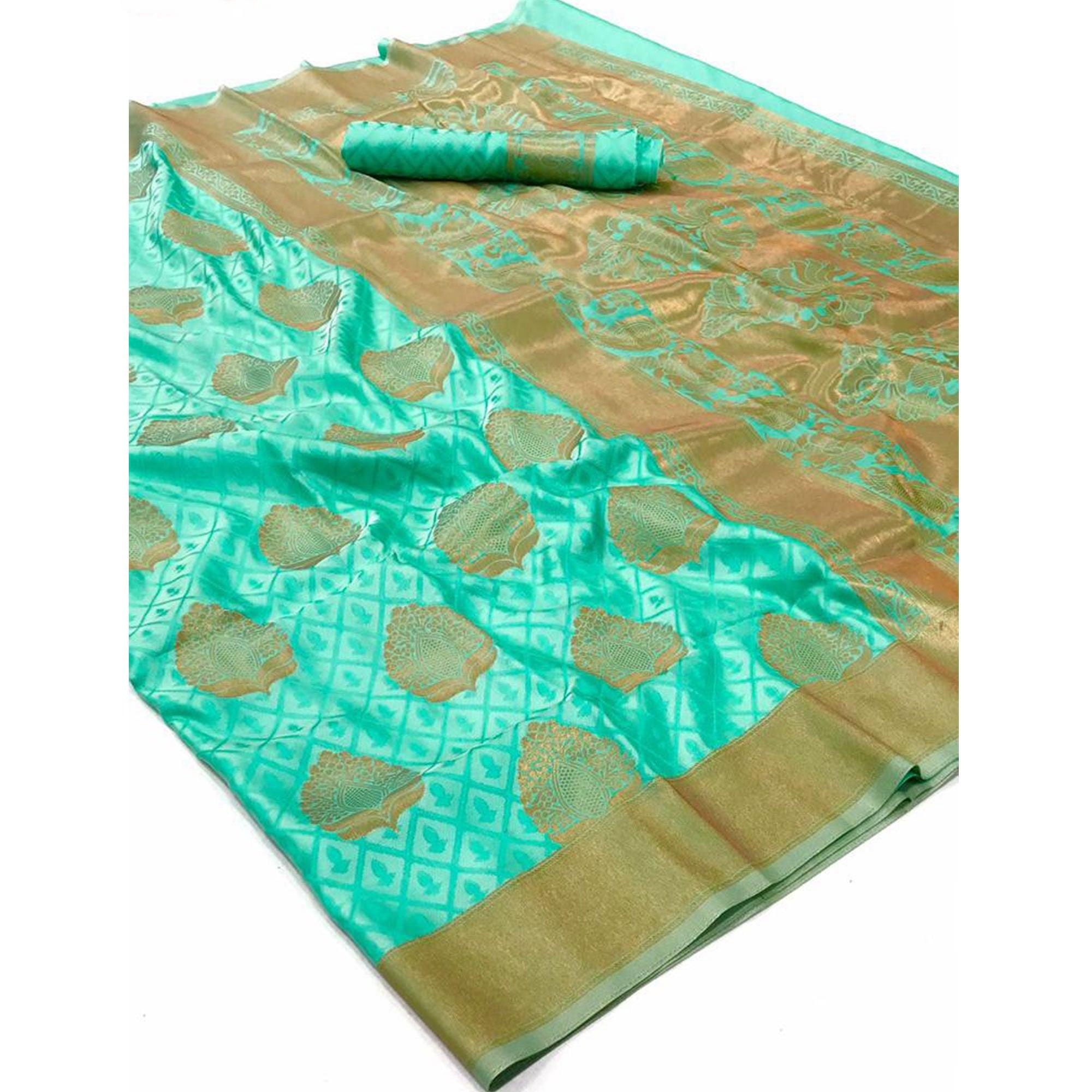 Green Festive Wear Woven Silk Saree - Peachmode