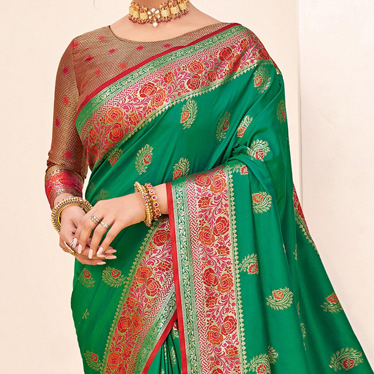 Green Festive Wear Woven Silk Saree - Peachmode