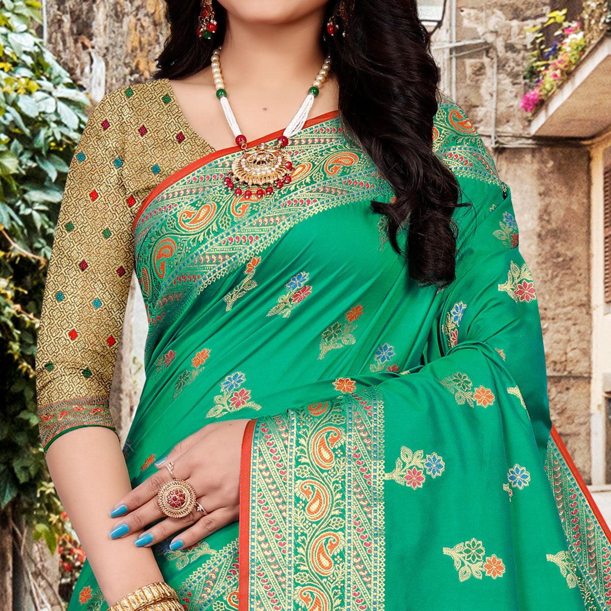 Green Festive Wear Woven Silk Saree - Peachmode