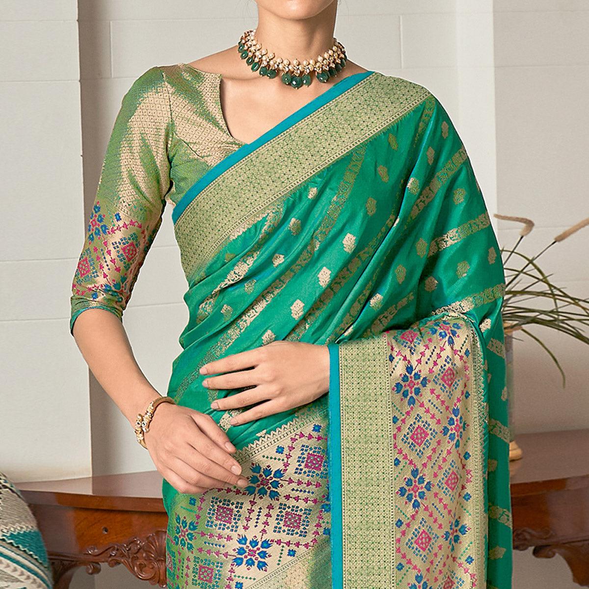 Green Festive Wear Woven Silk Saree - Peachmode