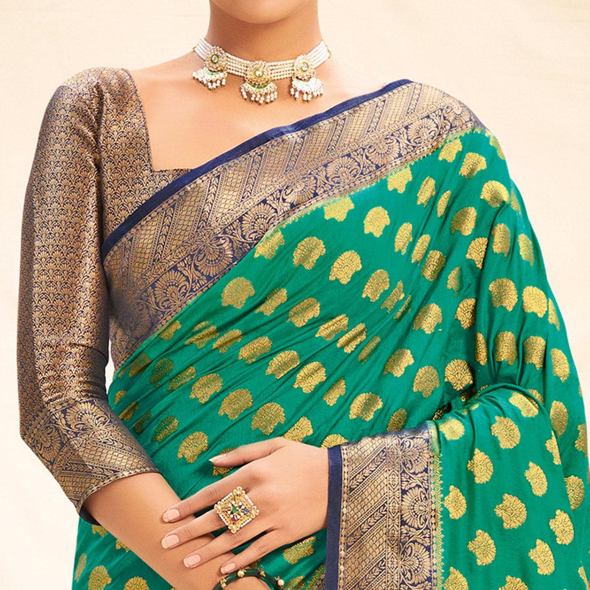 Green Festive Wear Woven Silk Saree - Peachmode