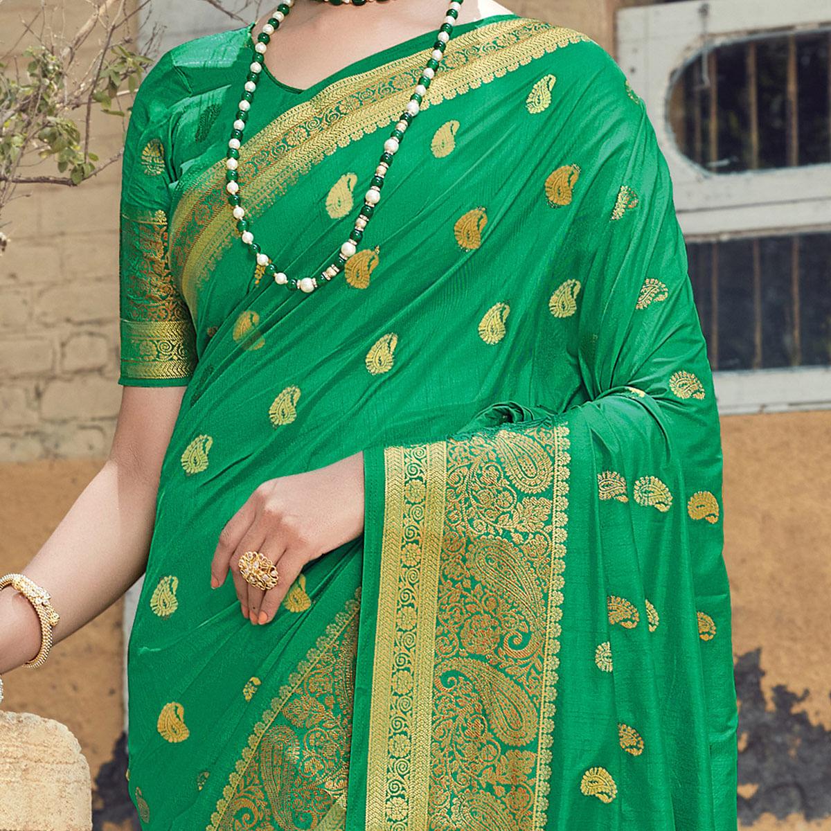 Green Festive Wear Woven Silk Saree - Peachmode