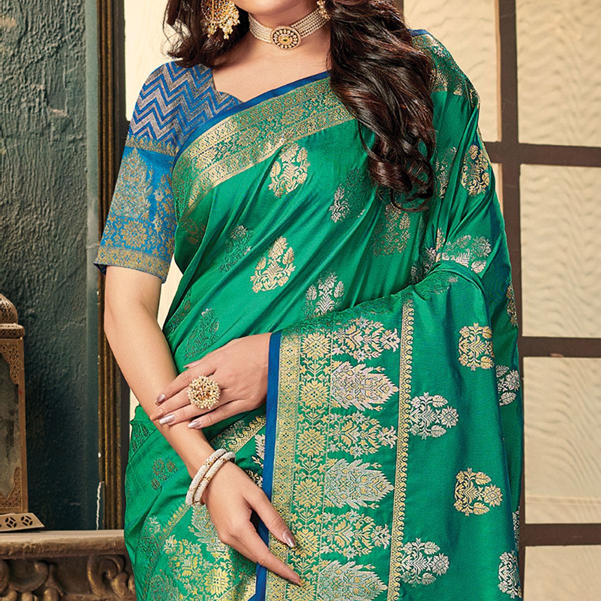 Green Festive Wear Woven Silk Saree - Peachmode