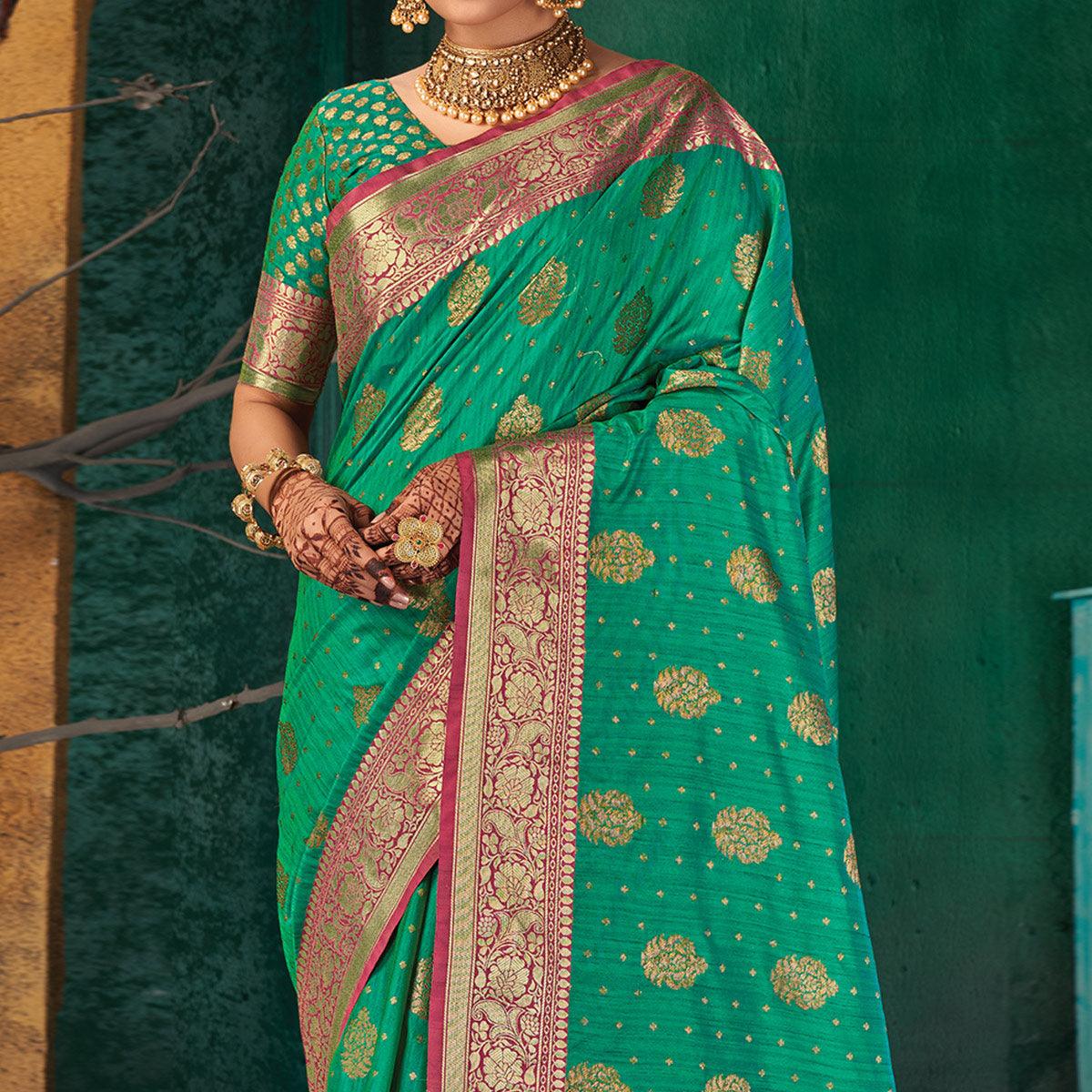 Green Festive Wear Woven Silk Saree - Peachmode